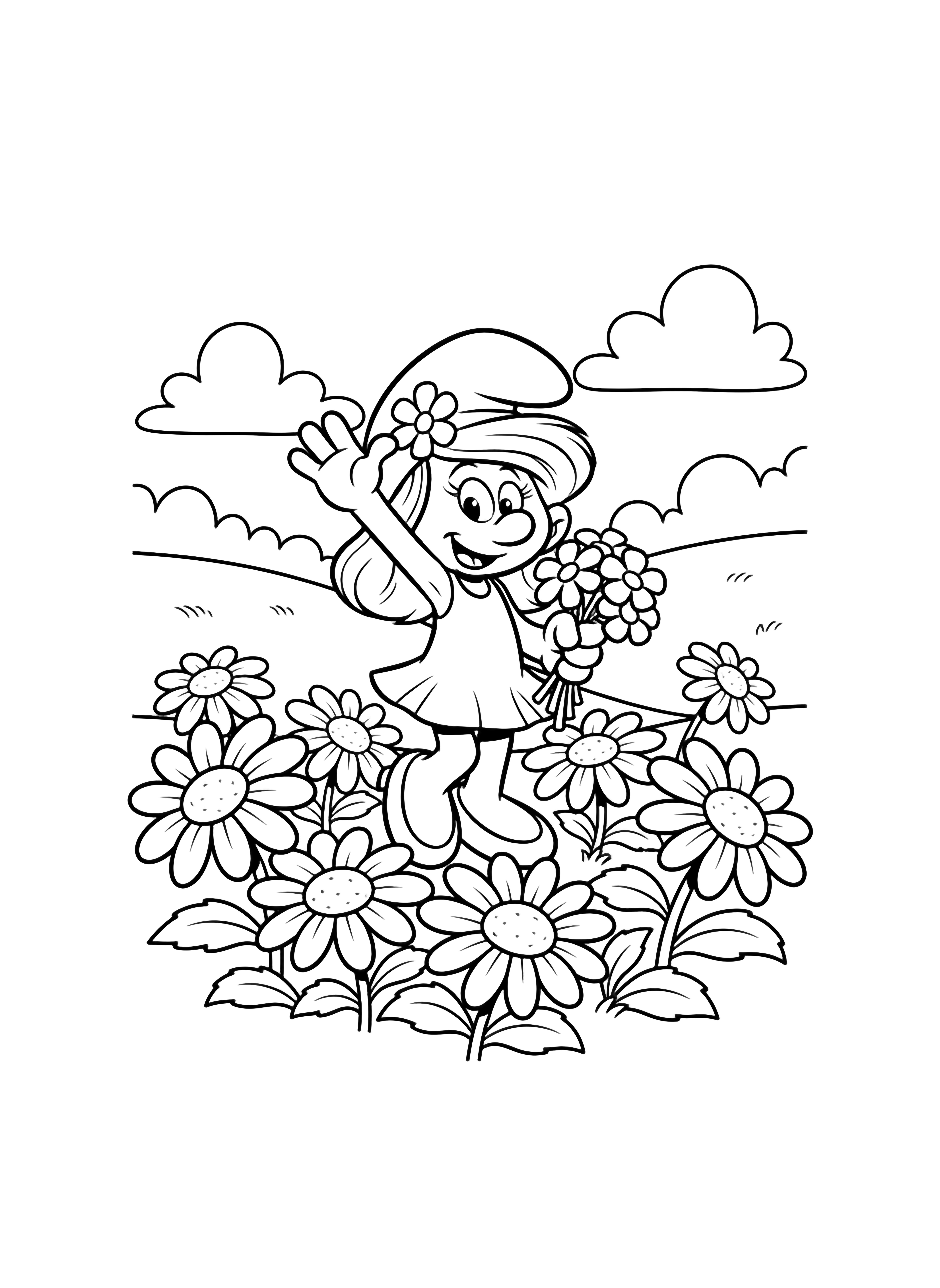 Smurfette waves cheerfully in a flower field with five big daisies, simple clouds and rolling hills behind. kleurplaat