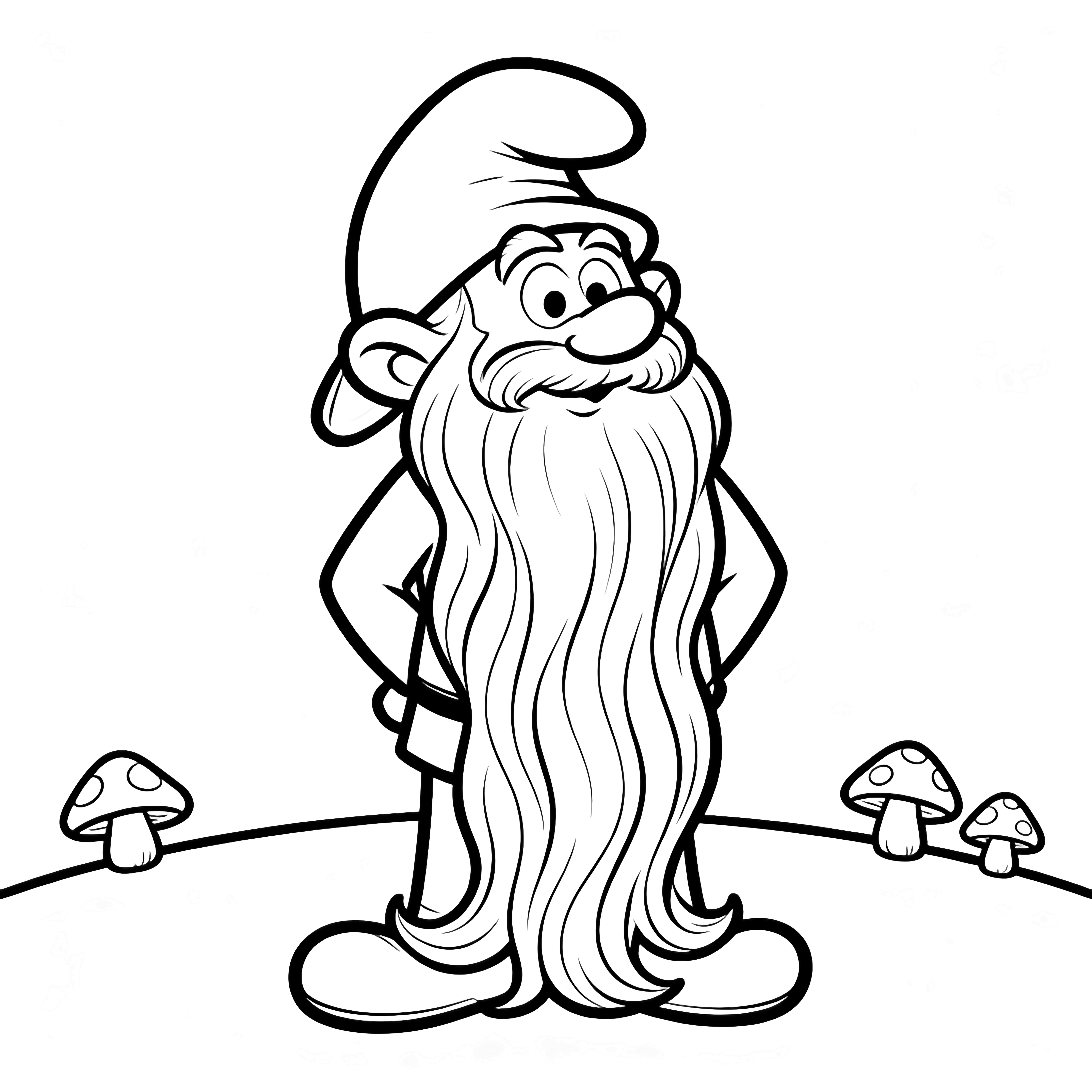 Papa Smurf staat gecentreerd, handen op de rug, lange golvende baard tot op de knieën, hoge muts hangt naar links; drie kleine paddenstoelen op de gebogen horizon achter hem. kleurplaat