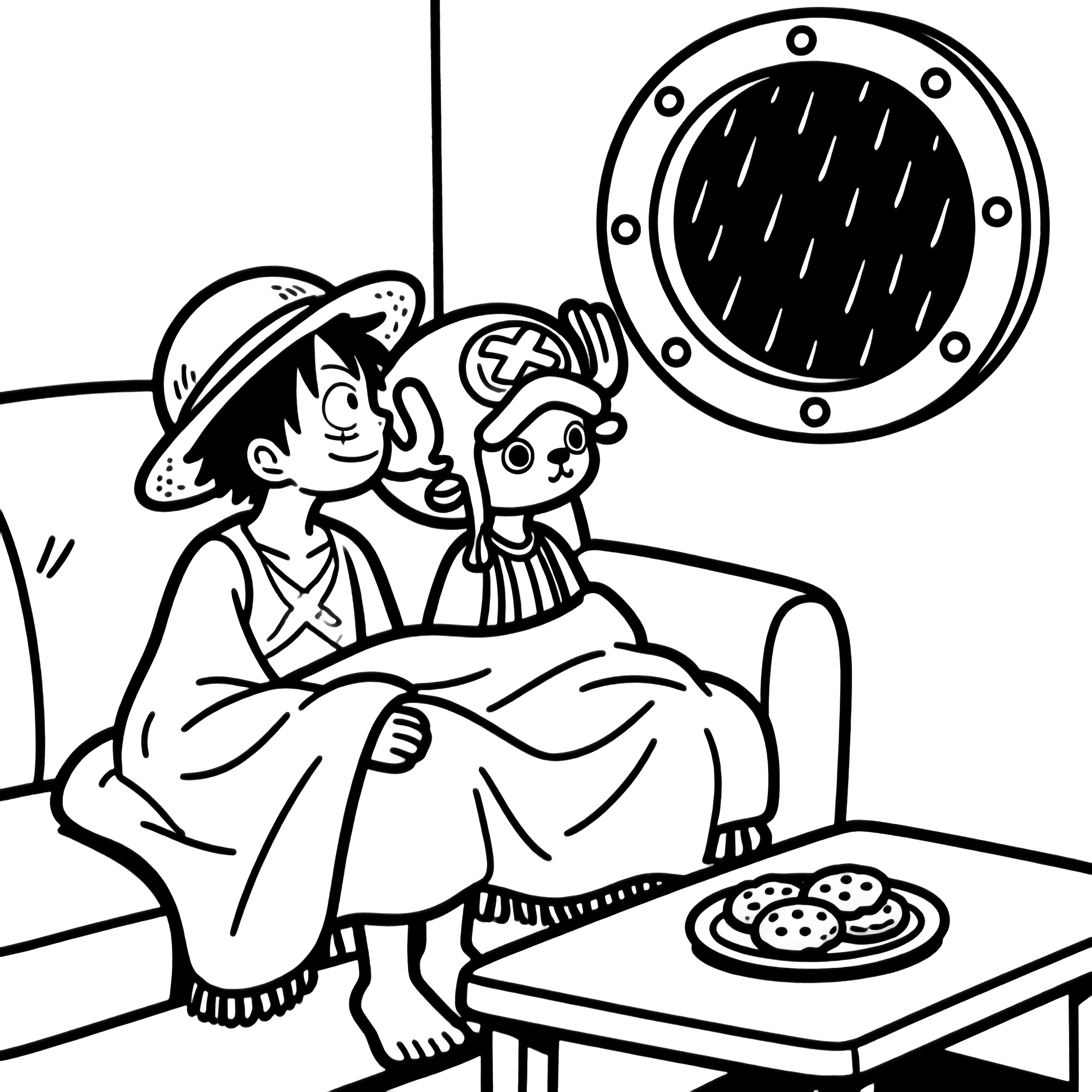 Luffy and Chopper sit together on a sofa, watching rain through a round porthole, sharing a blanket and cookies on a side table. kleurplaat