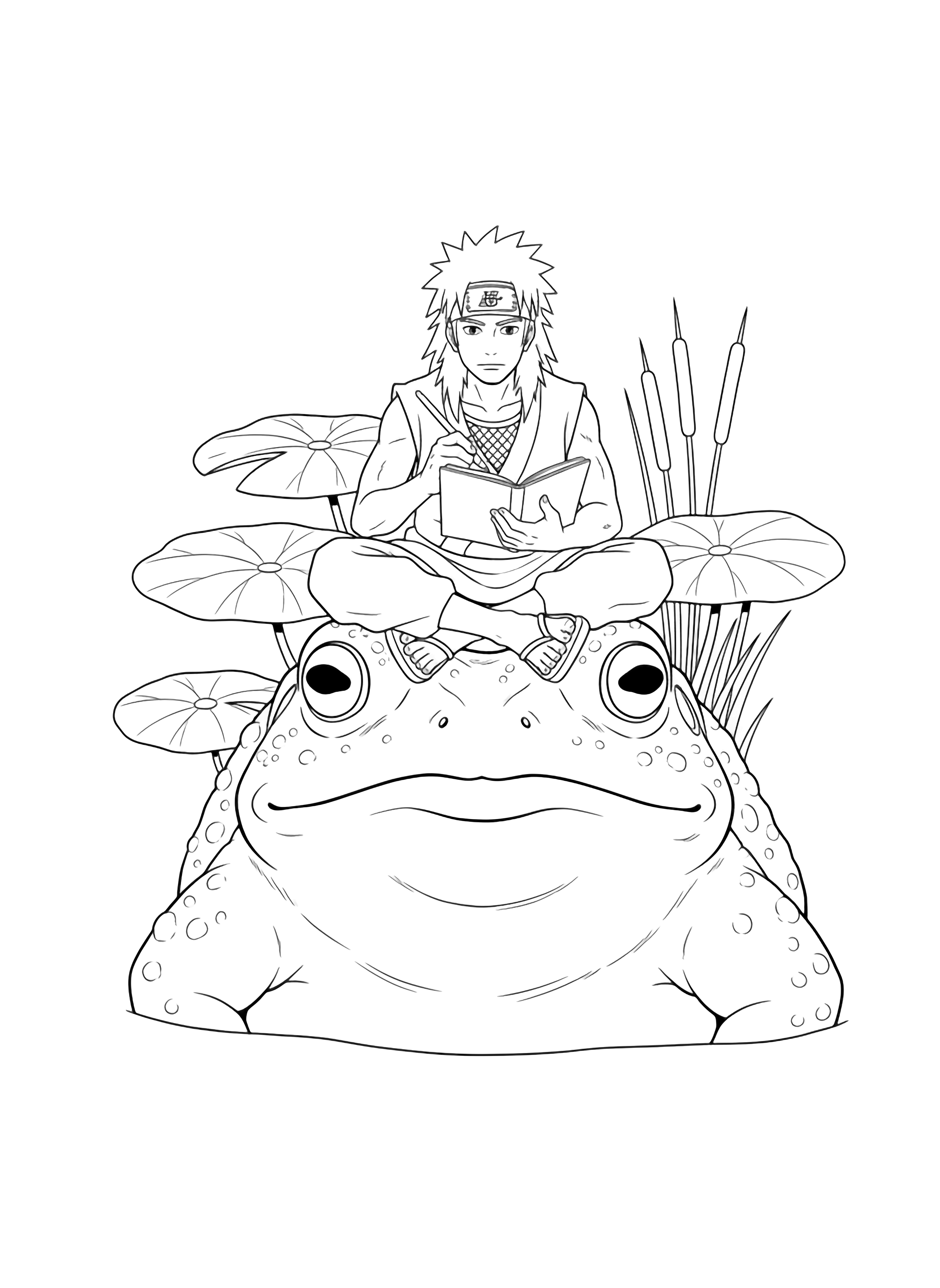 Jiraiya sits cross-legged on a giant toad, writing in an open notebook, framed by lily pads and reeds. kleurplaat