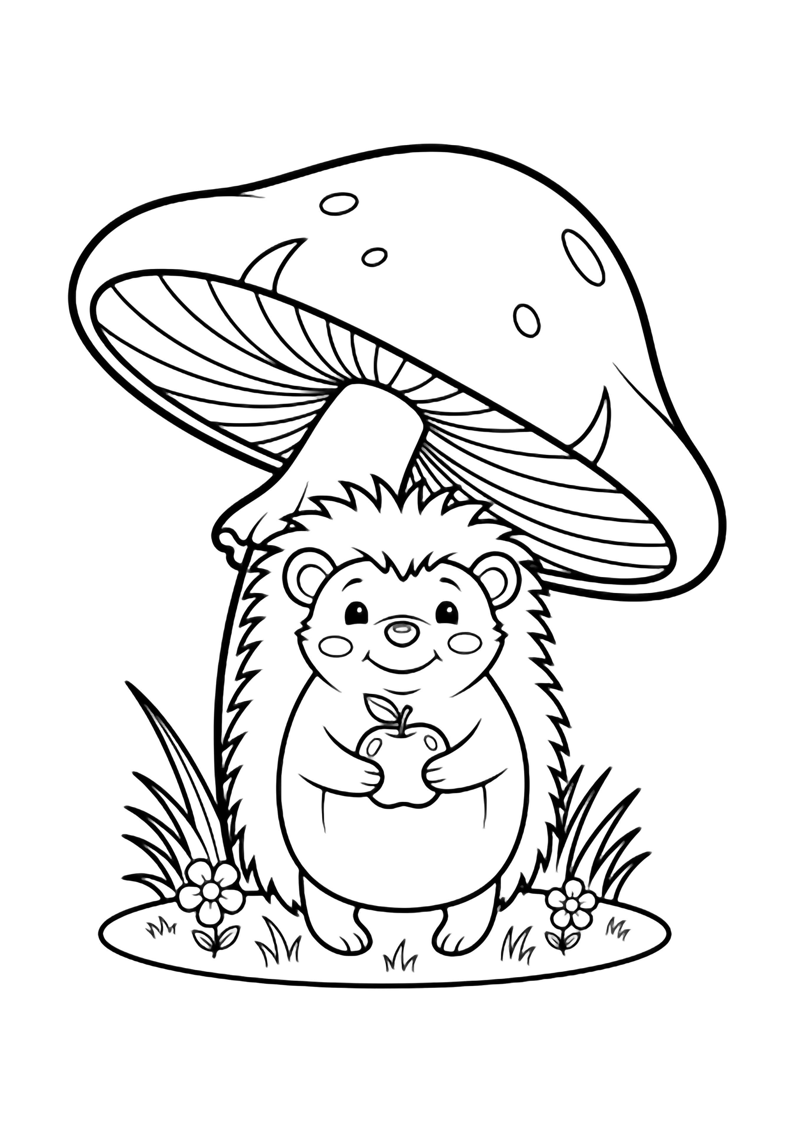 A smiling hedgehog holds a tiny apple while standing under a large toadstool, surrounded by grass and two small flowers. kleurplaat