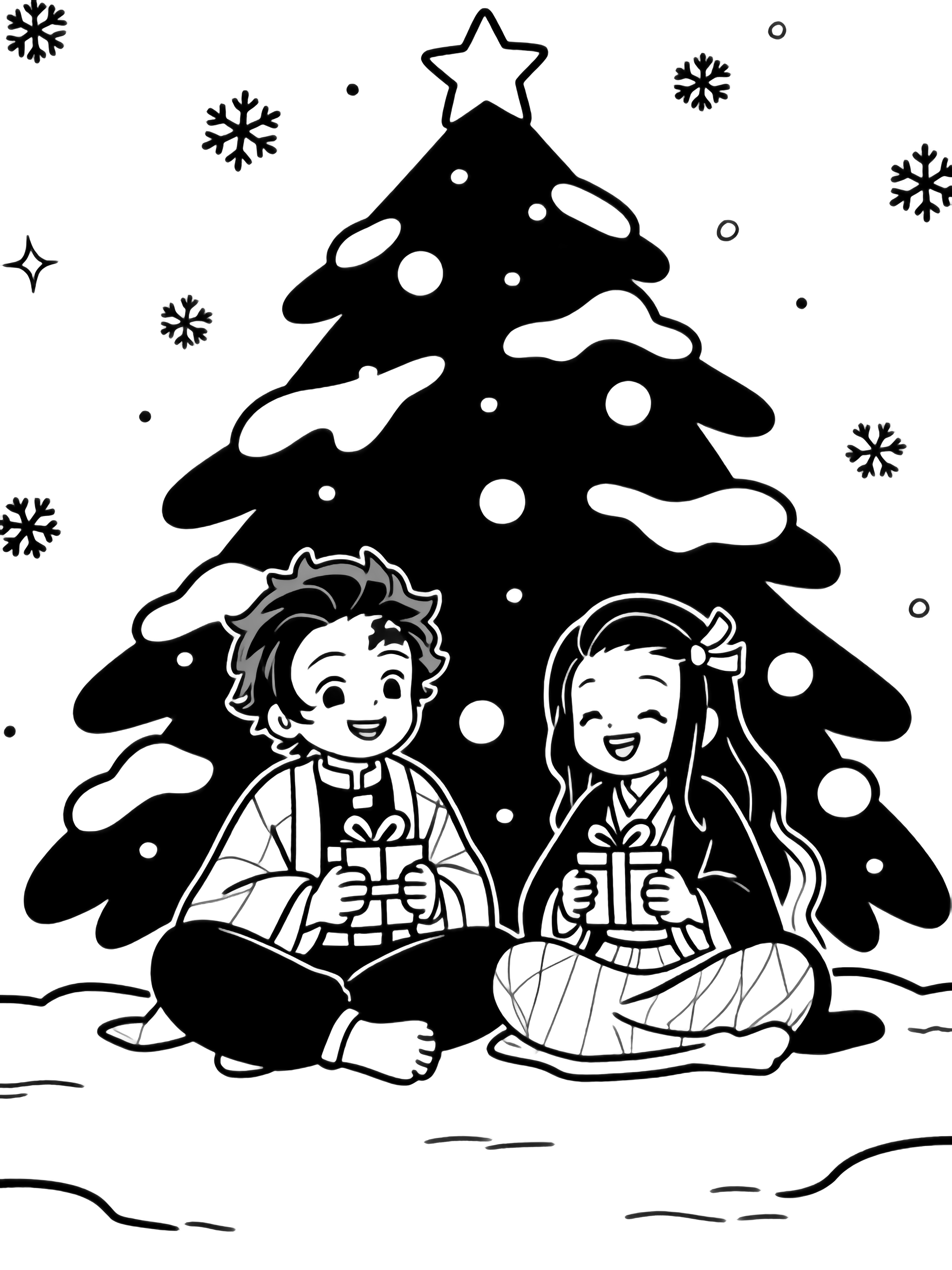 Tanjiro and Nezuko sit cross-legged under a large Christmas tree, smiling while holding tiny wrapped gifts; snowflakes drift around them with a starry sky behind. kleurplaat