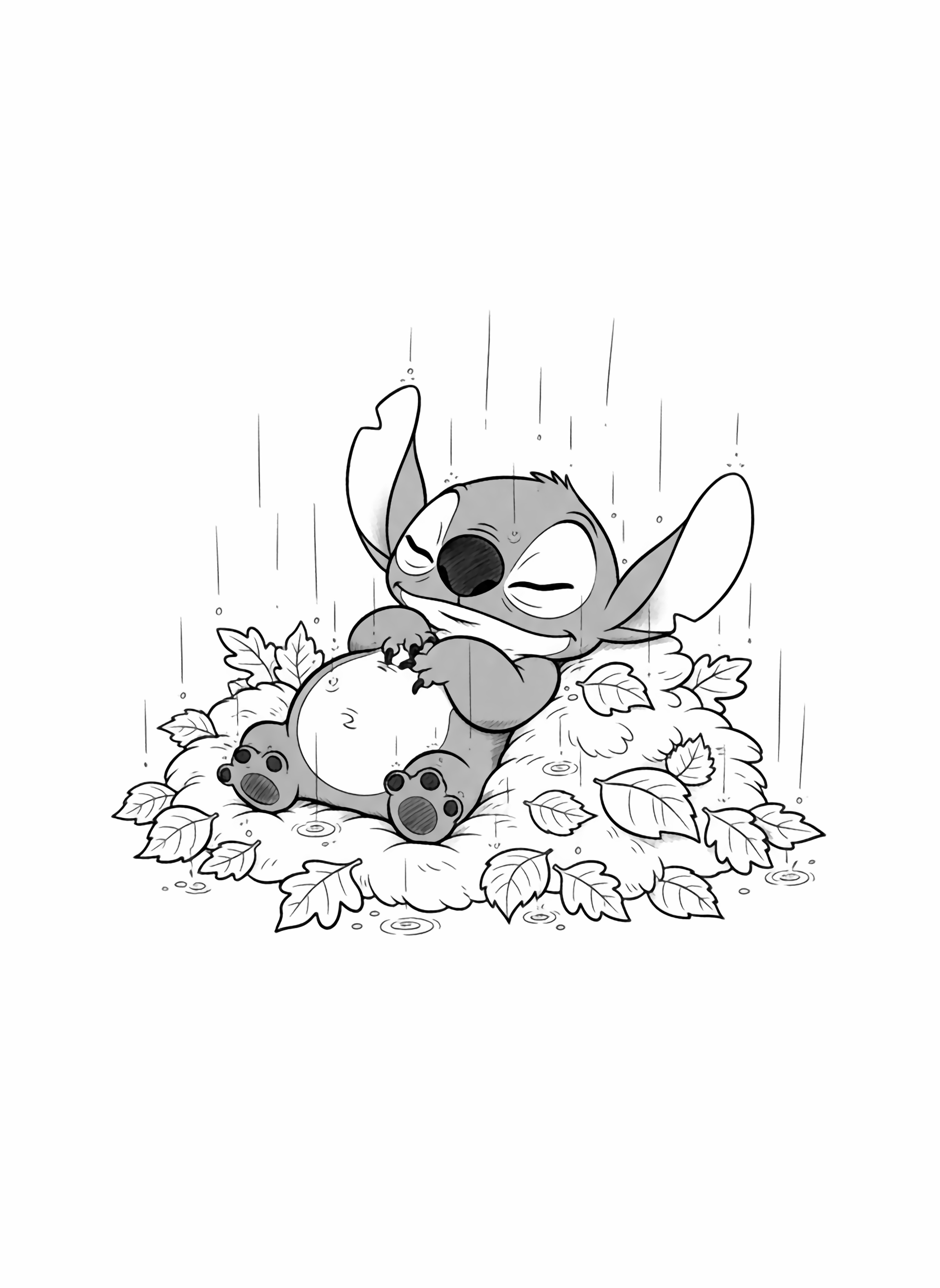 A black and white illustration of Stitch peacefully lying on a soft bed of autumn leaves His round belly rises and falls with gentle breaths as raindrops fall around him creating tiny splashes on the leaves Stitch has a content smile on his face with his eyes half closed enjoying the peaceful moment The autumn clean black and white line drawing minimal shading no colour no fill kleurplaat