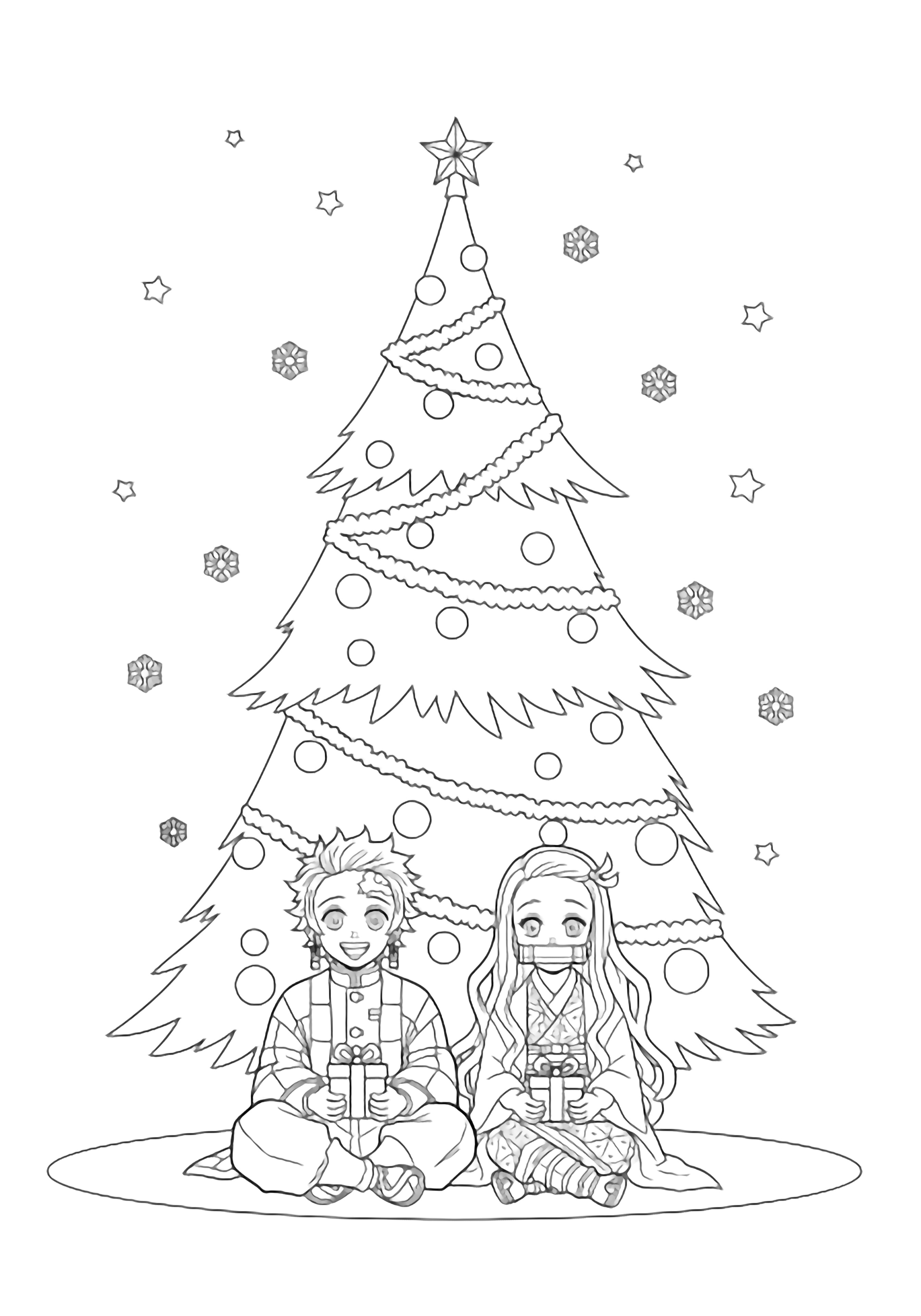 Tanjiro and Nezuko sit cross-legged under a Christmas tree, smiling while holding tiny wrapped gifts; snowflakes drift around them with a starry sky behind. kleurplaat