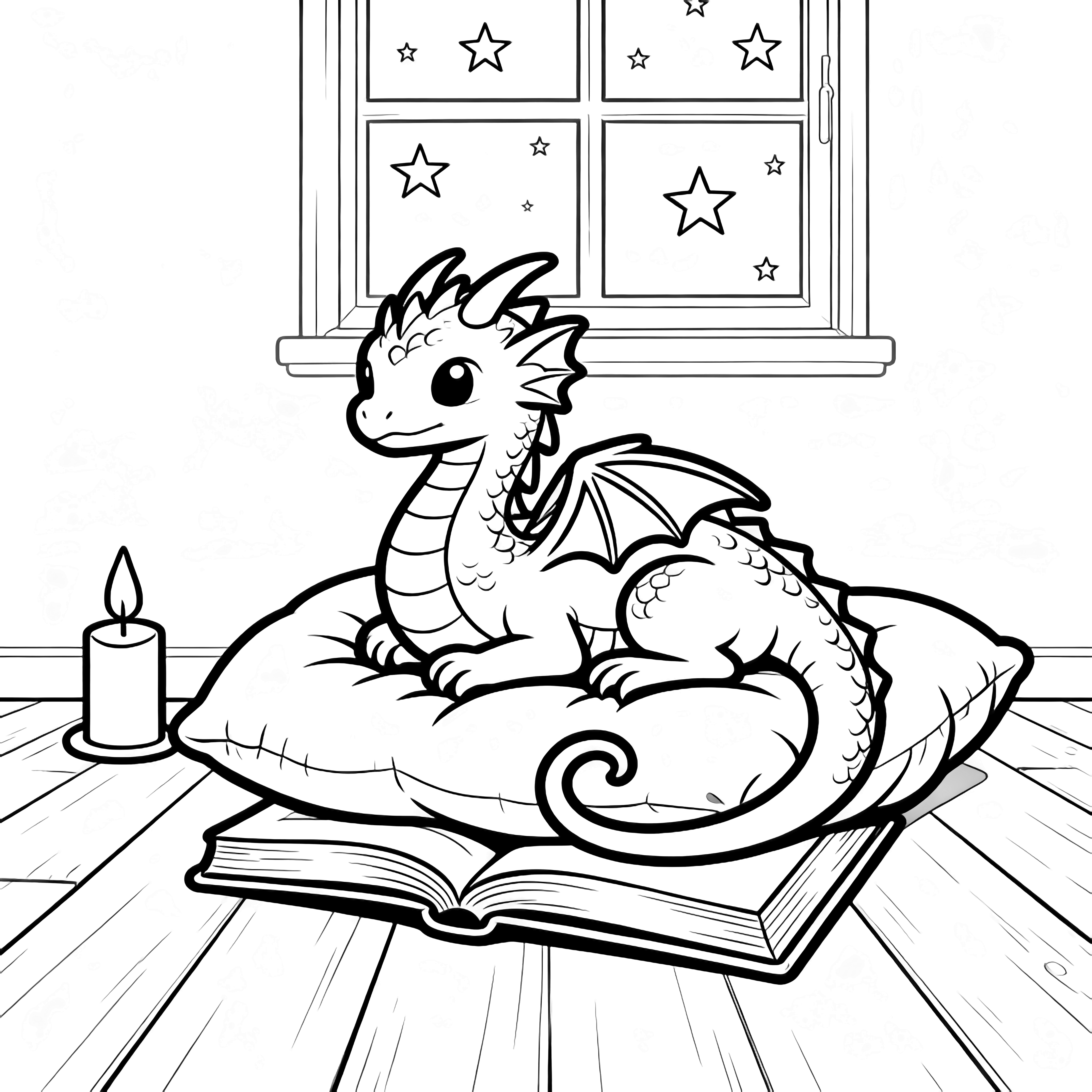 Palm-sized dragon curled on a pillow, wings folded, tail around an open book; floorboards, candle, starry window behind. kleurplaat