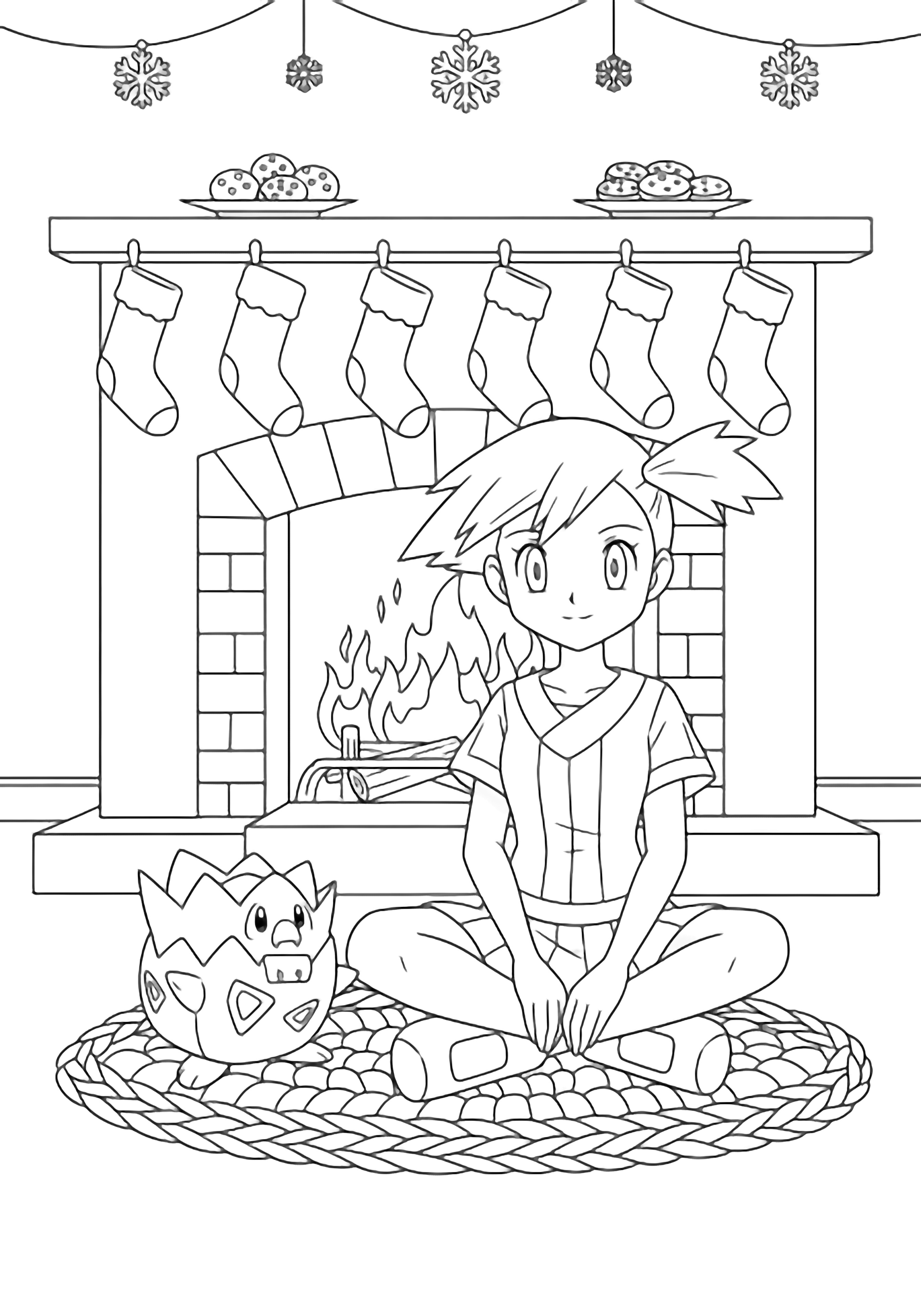 Misty sits cross-legged on a braided rug with Togepi beside her, facing a crackling fireplace hung with five stockings, cookies on plates, a mantel, and snowflake dcor. kleurplaat