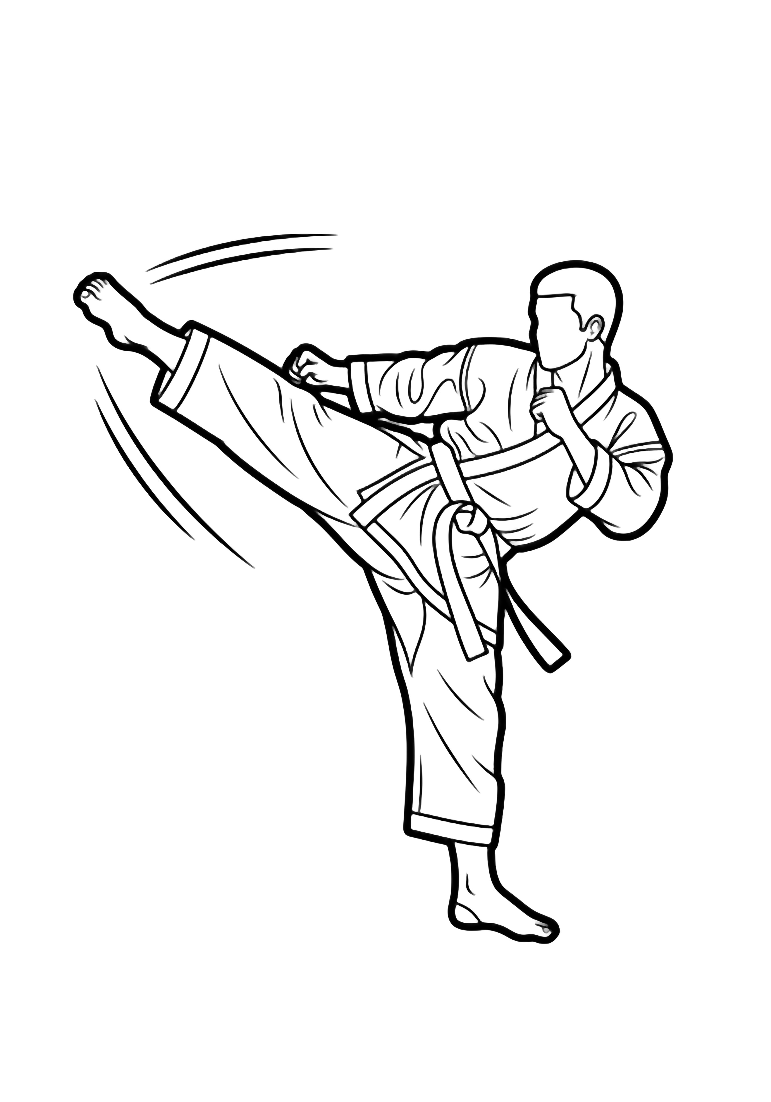 Karate fighter performing high side-kick, arms extended, wearing gi and belt, motion lines suggesting movement, centered on empty white space. kleurplaat