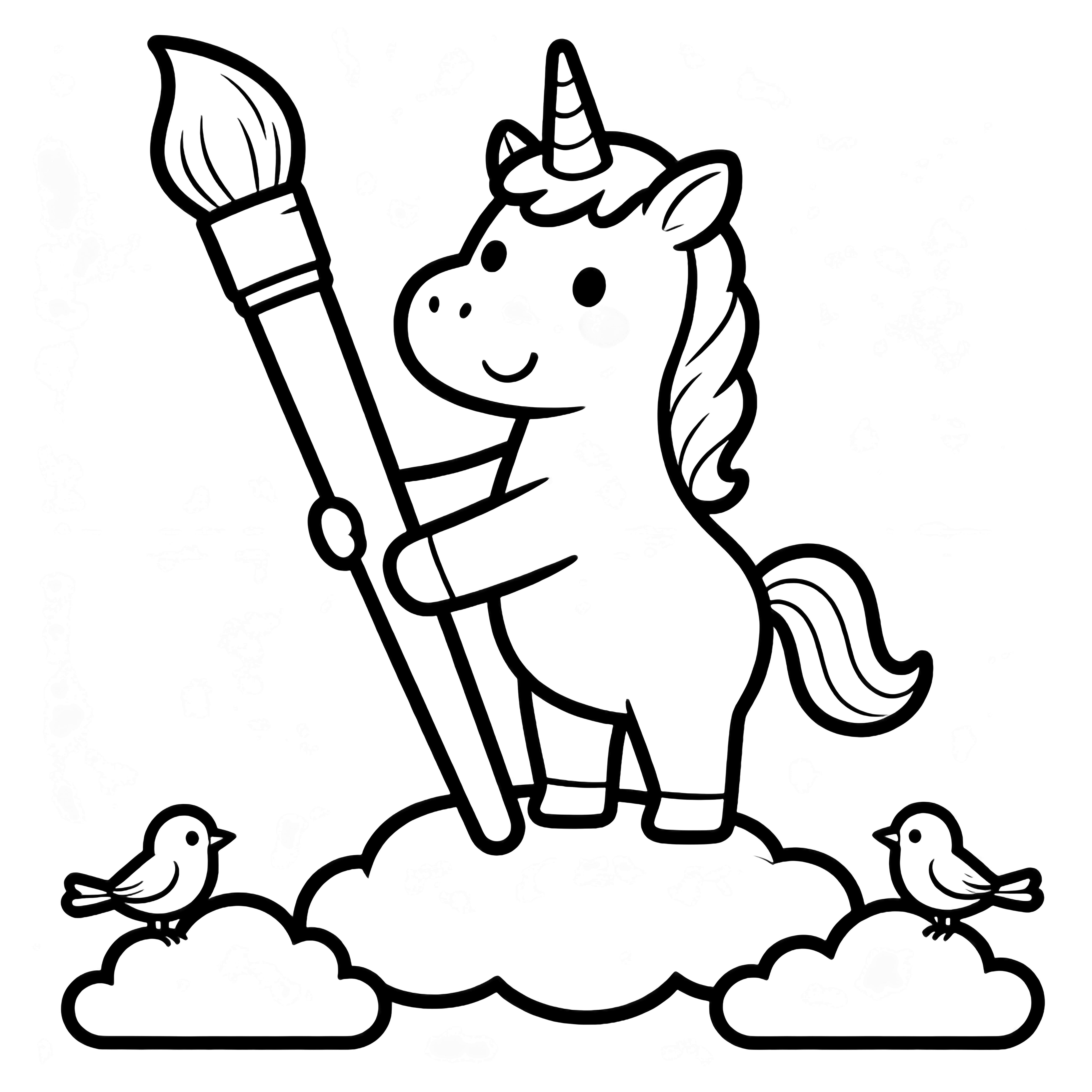 Smiling unicorn stands on a small cloud holding a giant paintbrush, with simple clouds below and two birds perched nearby. kleurplaat