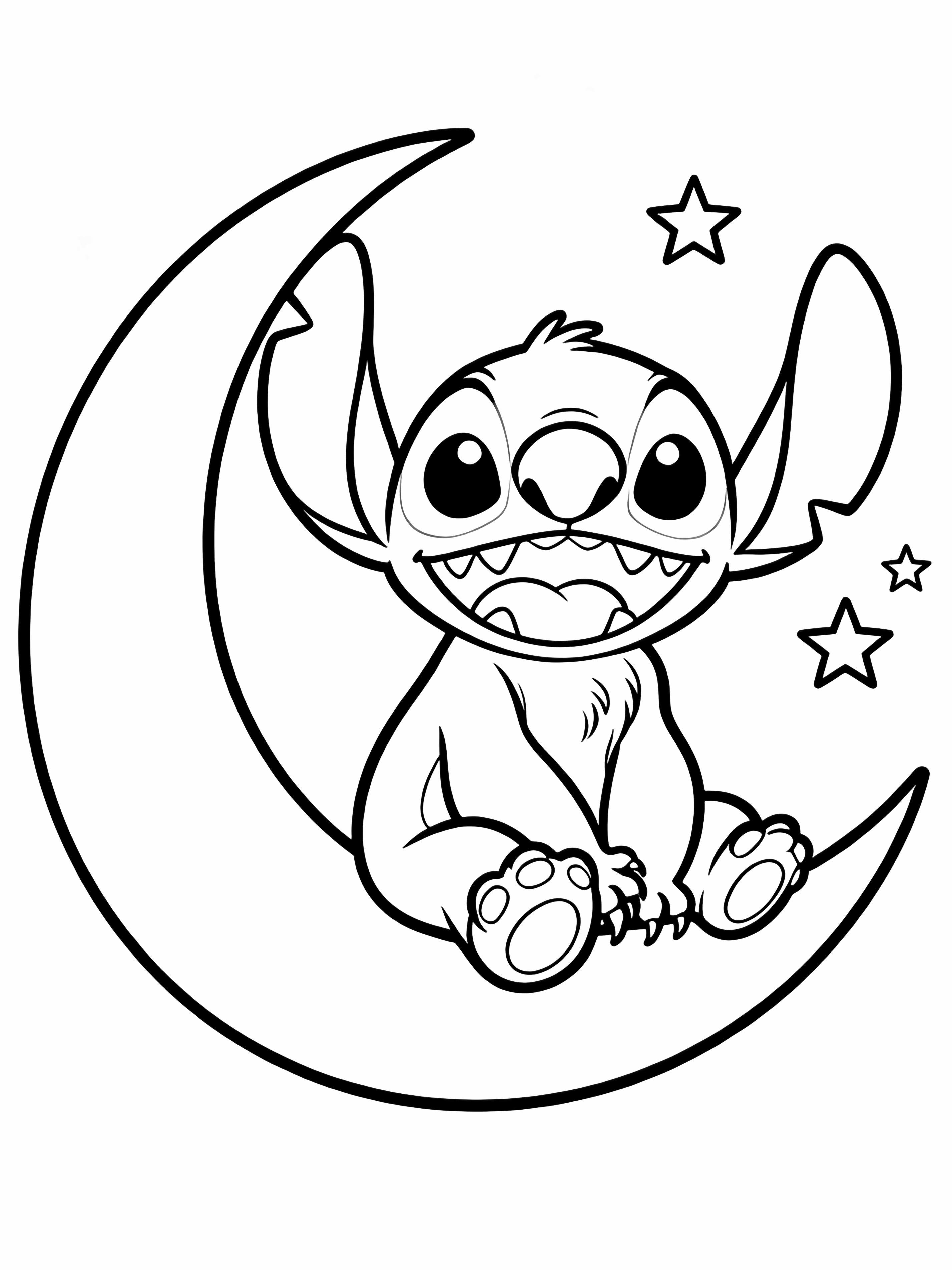 Stitch laughing on a crescent moon, three tiny stars nearby kleurplaat