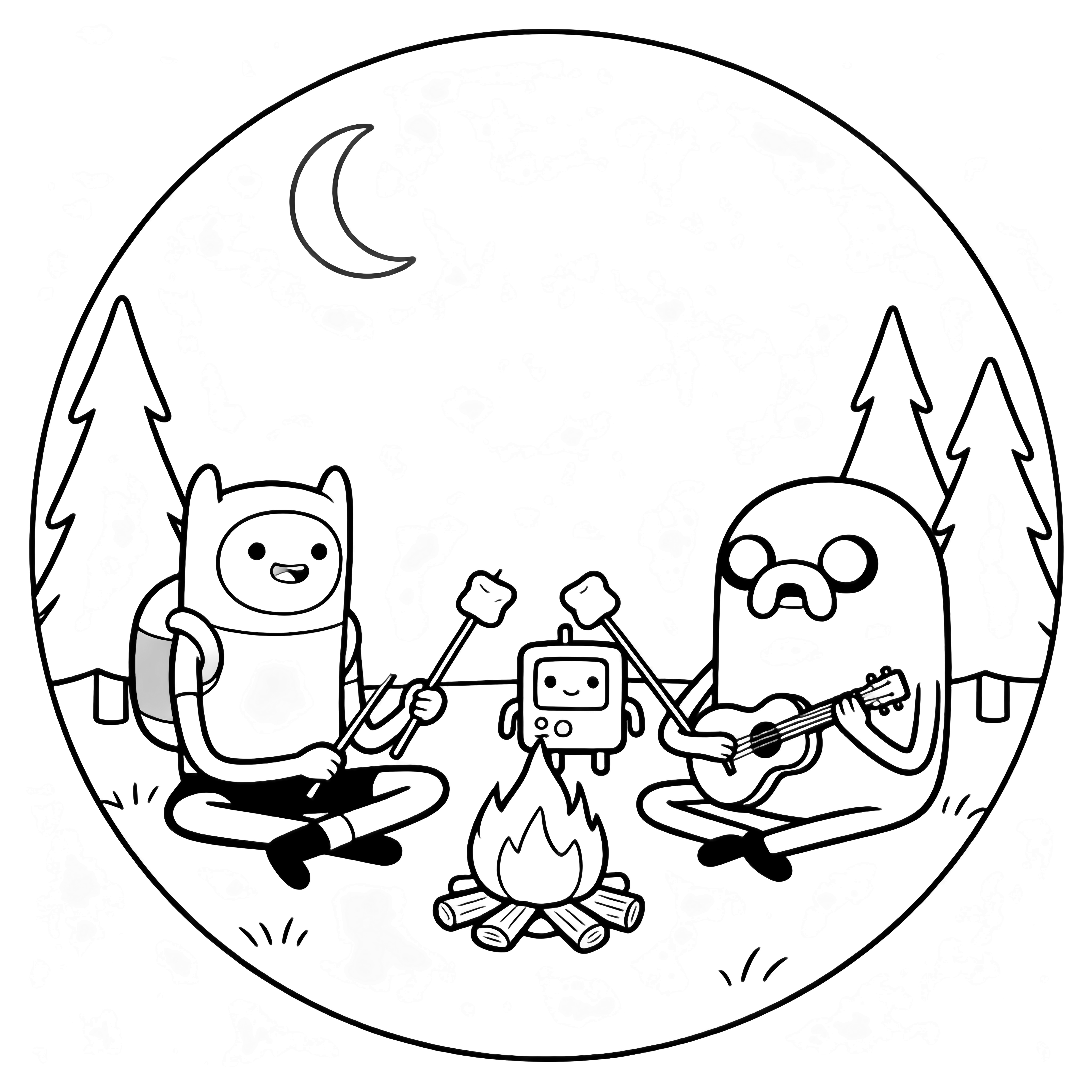 Finn, Jake, and BMO relax around a campfire, toasting marshmallows and playing guitar beneath pine trees and a crescent moon. kleurplaat