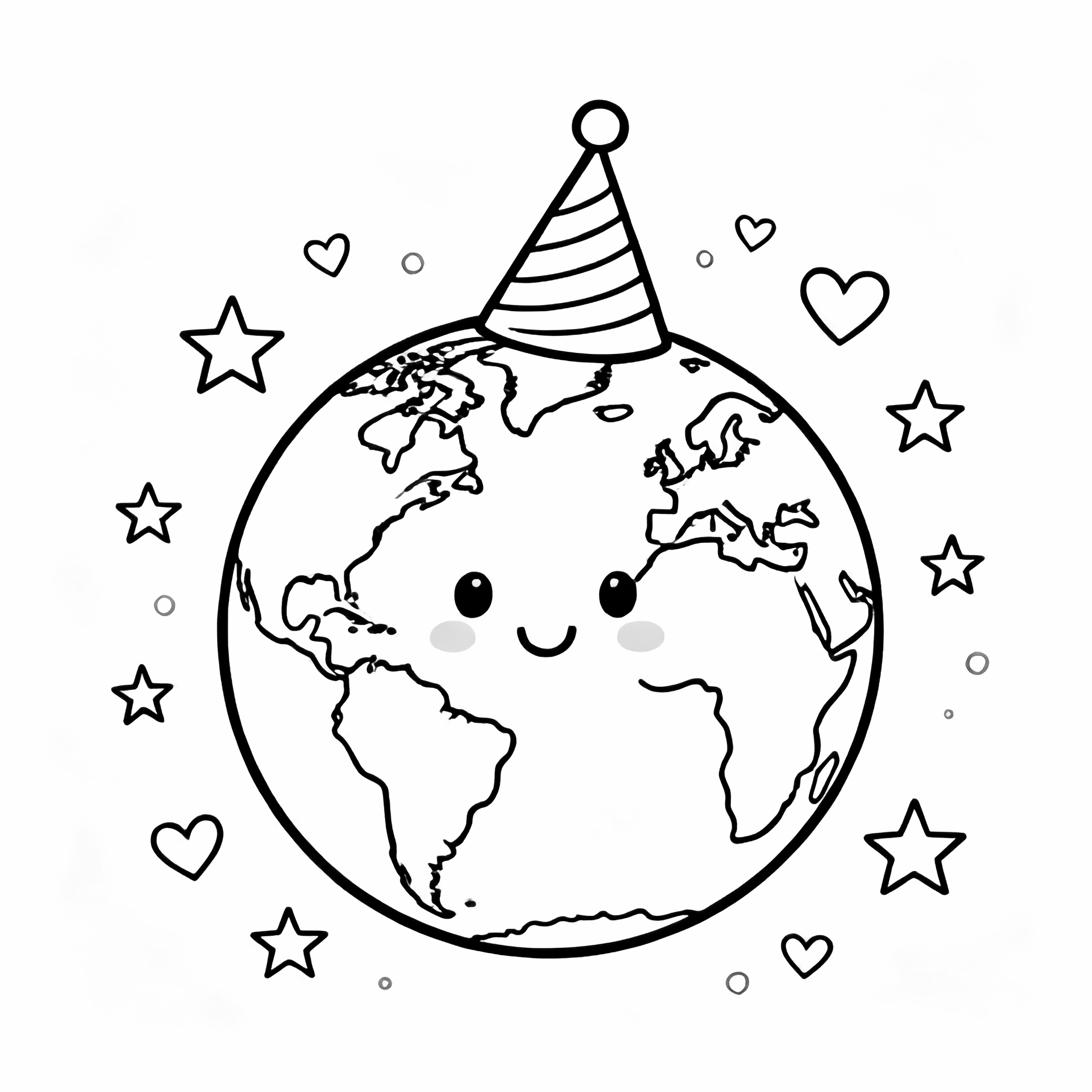 Cheerful smiling Earth globe wearing party hat surrounded by simple stars and hearts kleurplaat