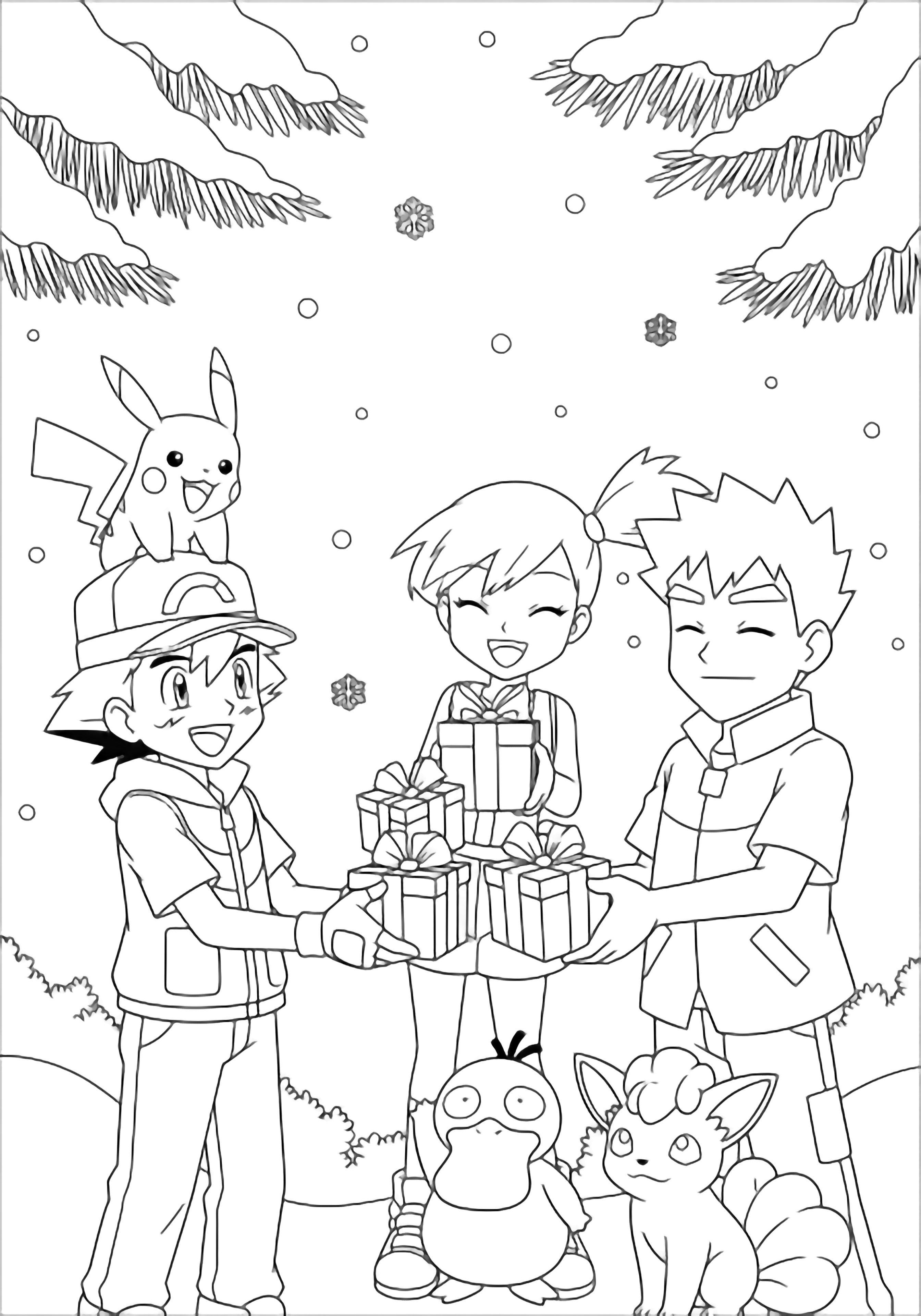 Ash, Misty, and Brock exchange gifts in a snowy pine clearing while Pikachu, Psyduck, and Vulpix watch. kleurplaat