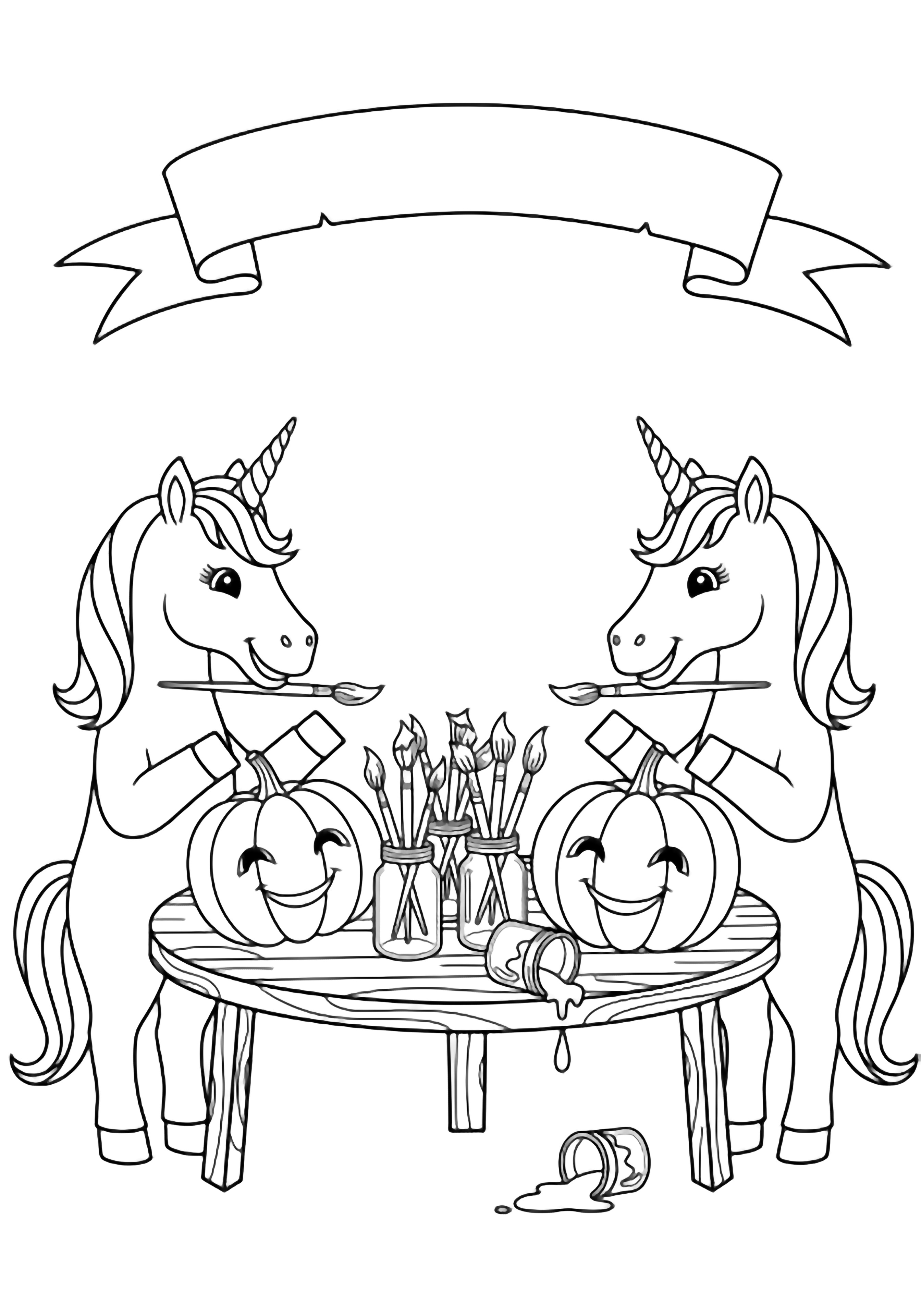 Two smiling unicorns at a small table paint large round pumpkins; jars of brushes, a tipped paint pot, and a curled banner surround them. kleurplaat