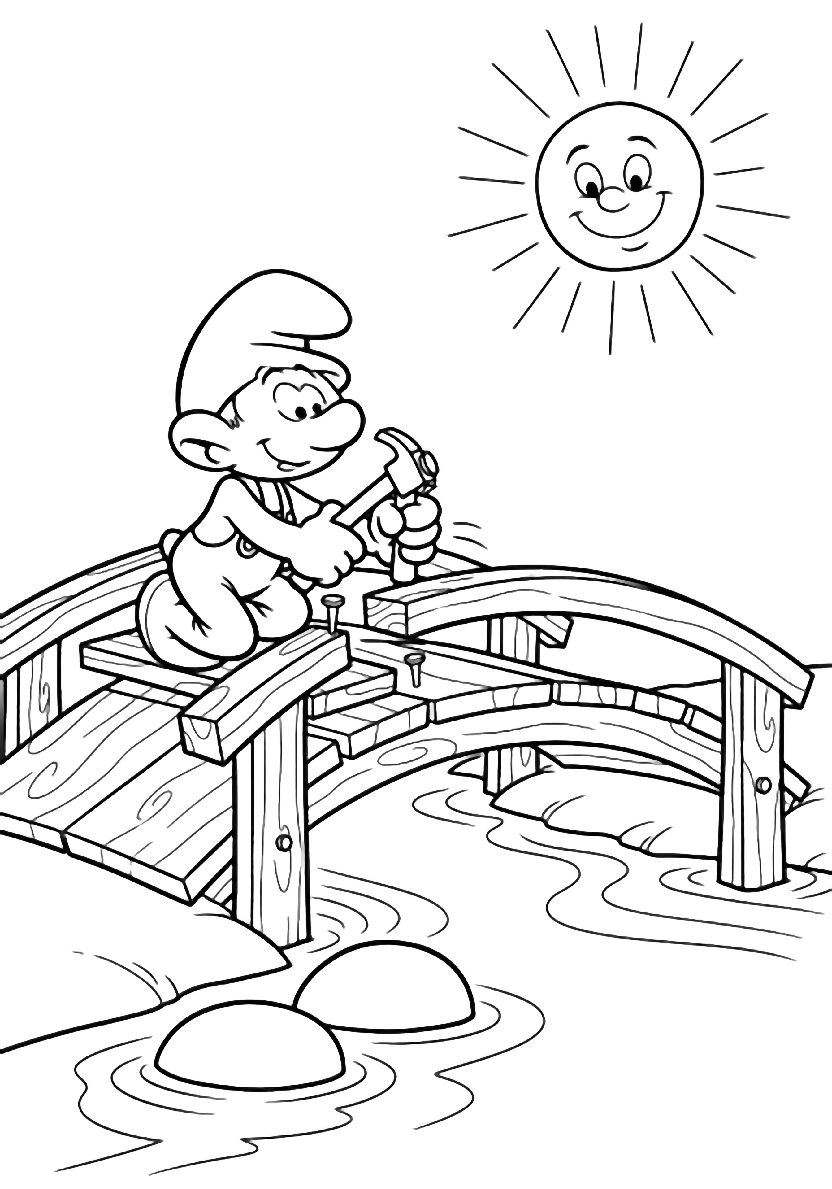 Handy Smurf kneels on a plank, hammering the final nail into a wooden bridge arching over calm water, with two stones below and a smiling sun in the corner. kleurplaat