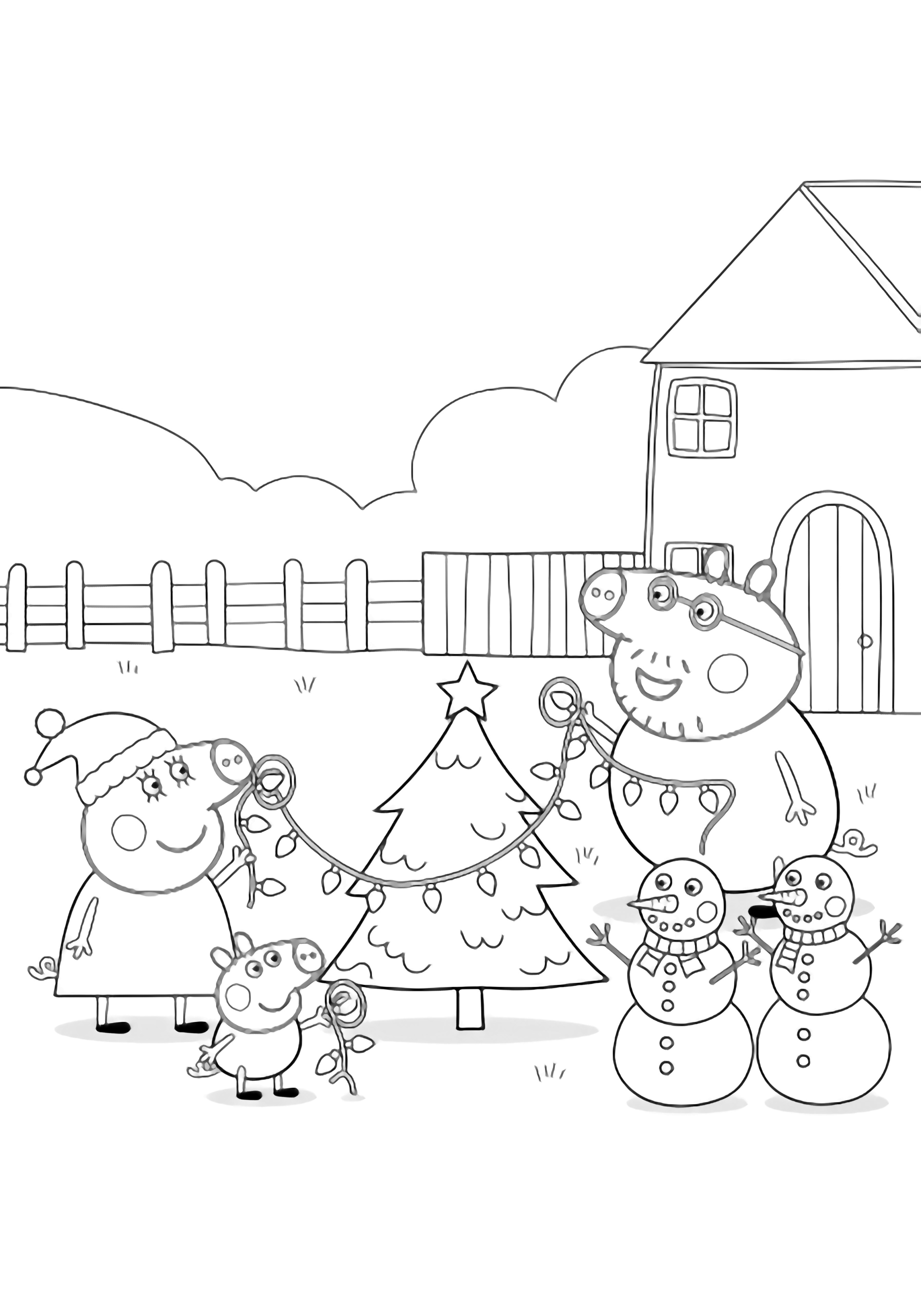Peppa, George, Mummy and Daddy Pig decorate a small tree with looped lights while three snowmen watch beside their arched-door house and simple fence. kleurplaat