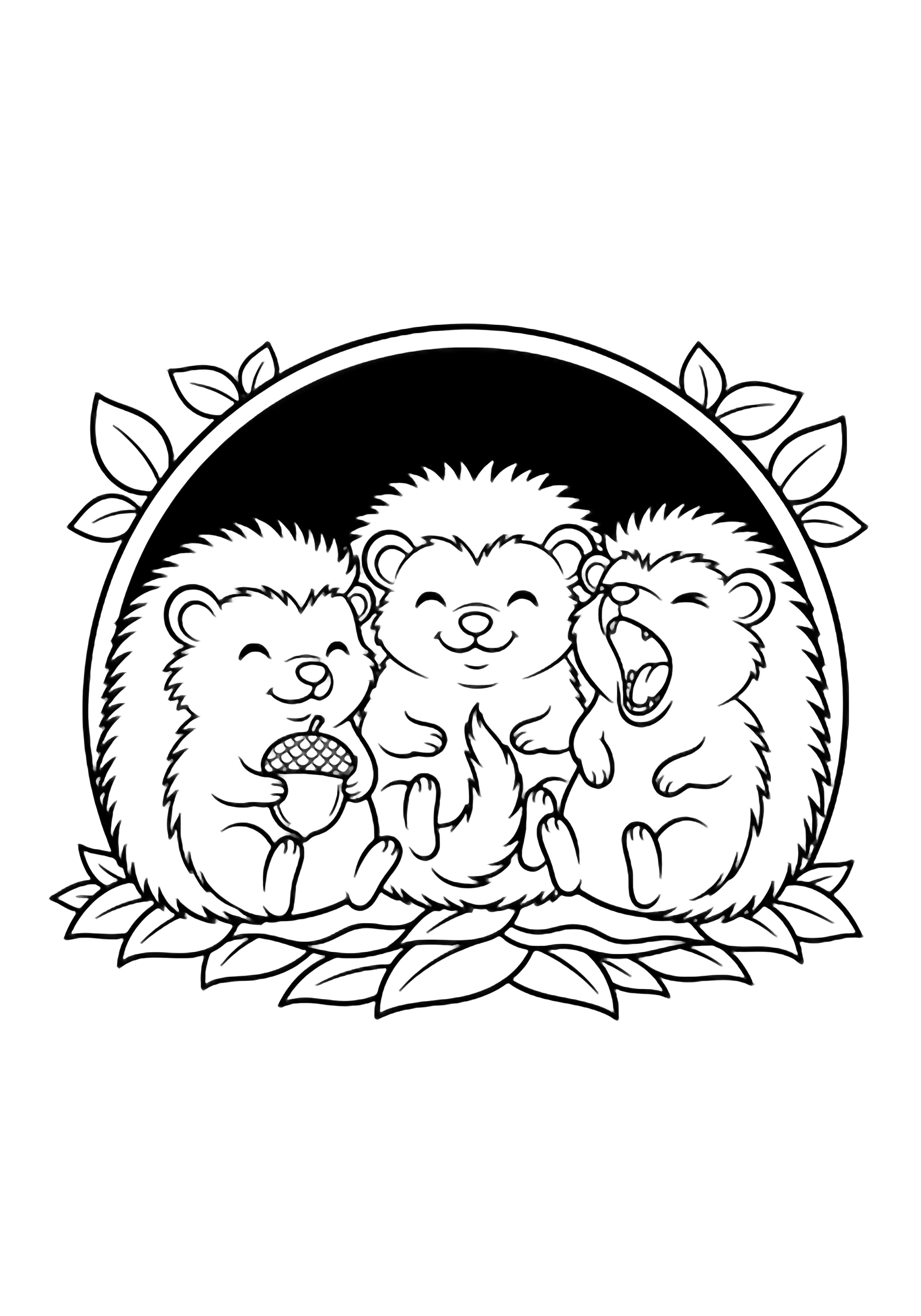 Three happy hedgehogs cuddle on leafy bedding inside a snug burrow; one clutches an acorn, another curls its tail, the third yawns while leaf shapes frame the round entrance. kleurplaat