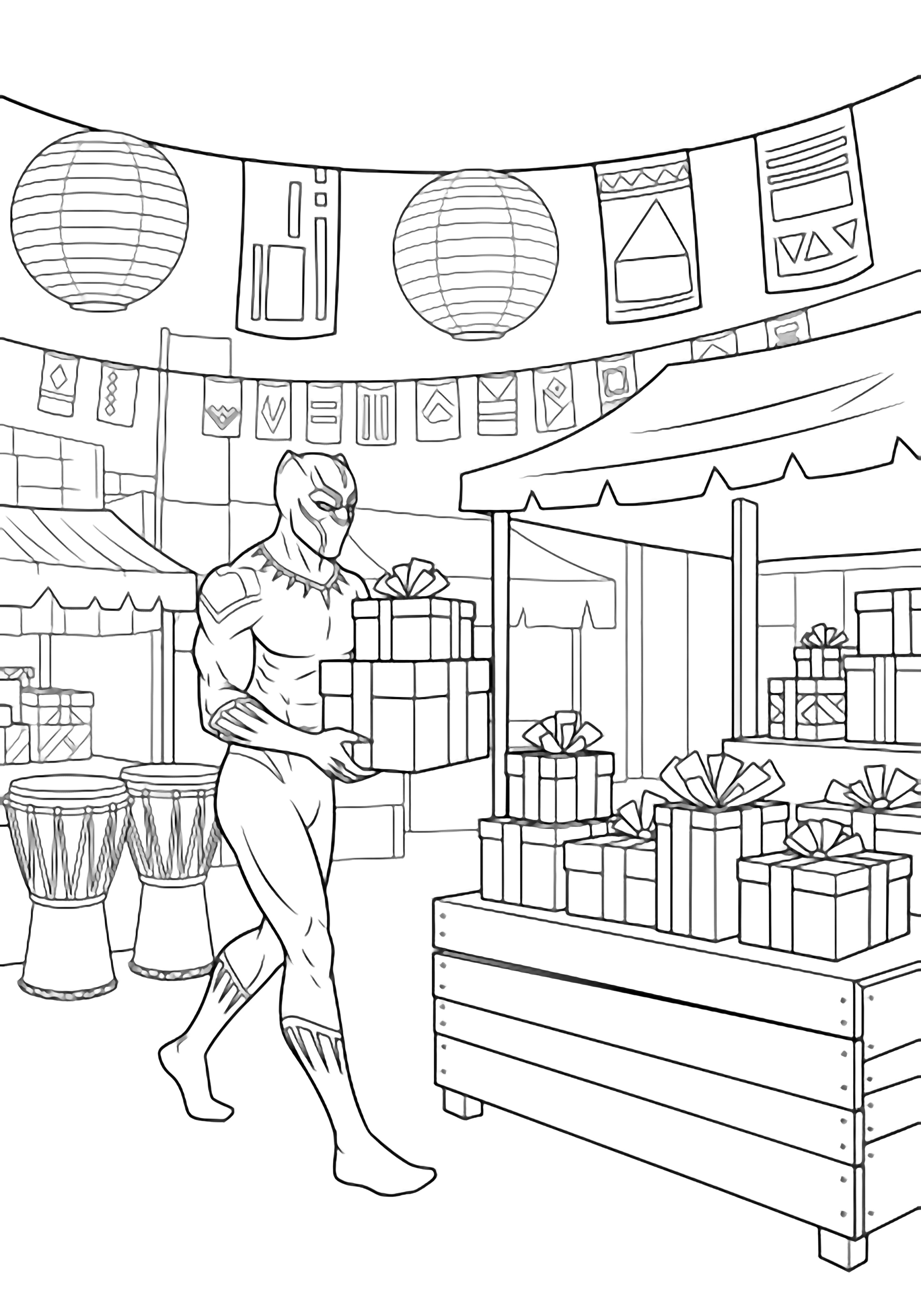 Black Panther strolls past a market stall stacked with gift boxes, paper lanterns, banners, and drums overhead. kleurplaat