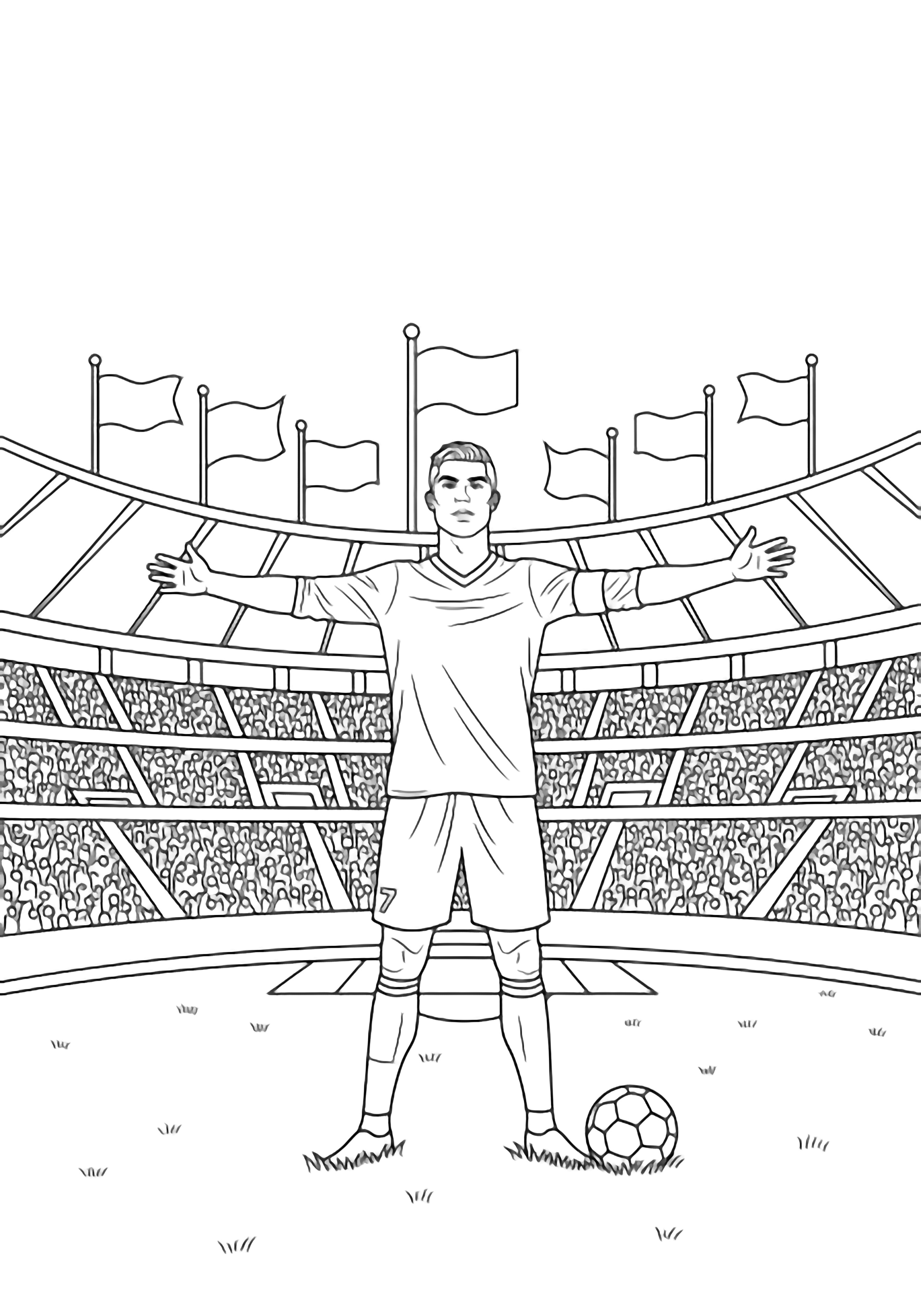 Cristiano Ronaldo stands with arms wide open on a stadium pitch, a soccer ball at his feet and tiny cheering fans filling the distant stands beneath blank flags. kleurplaat