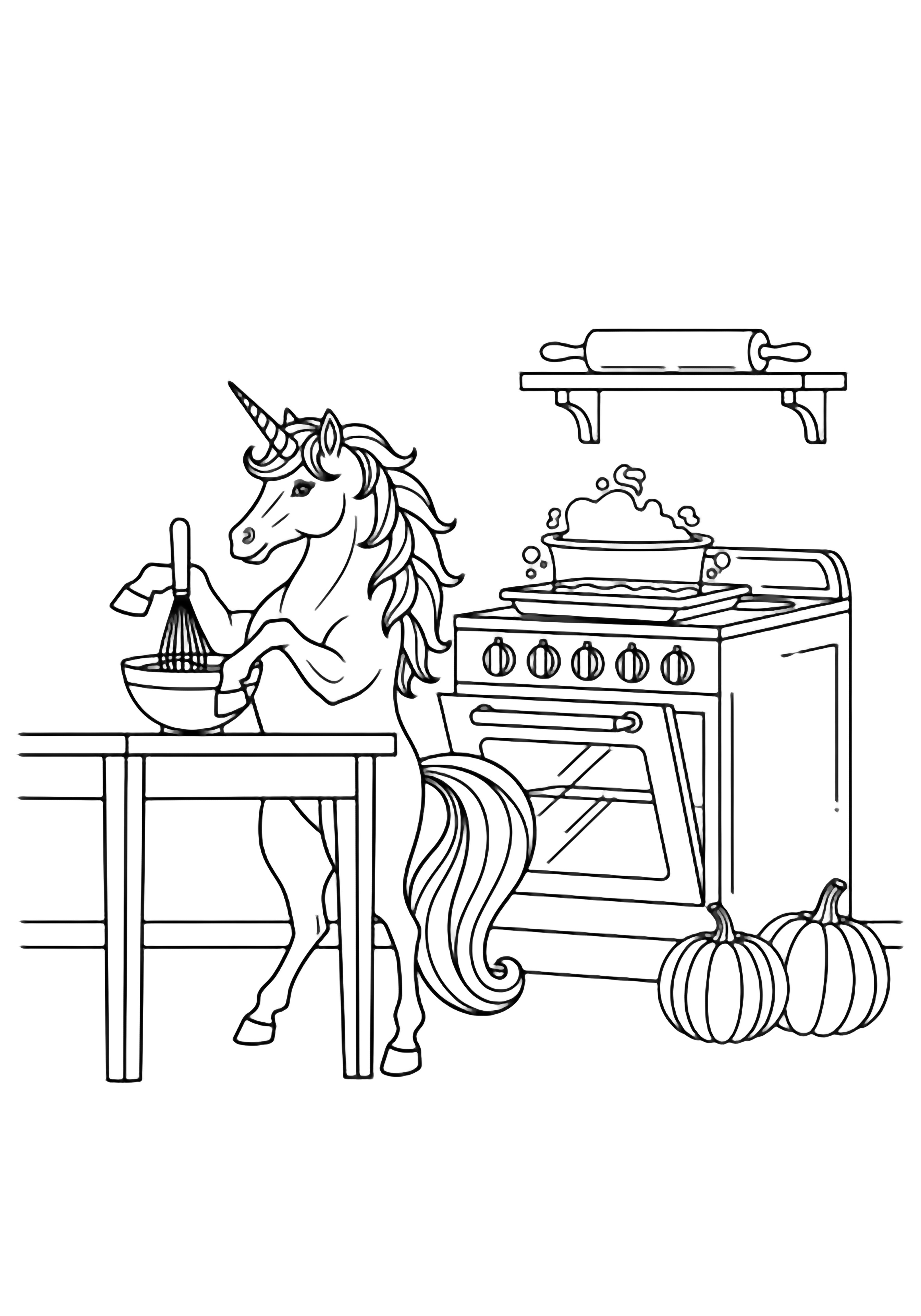 Unicorn rears at a kitchen table, whisking a bowl; oven steams behind, two pumpkins on the floor, rolling pin on shelf. kleurplaat