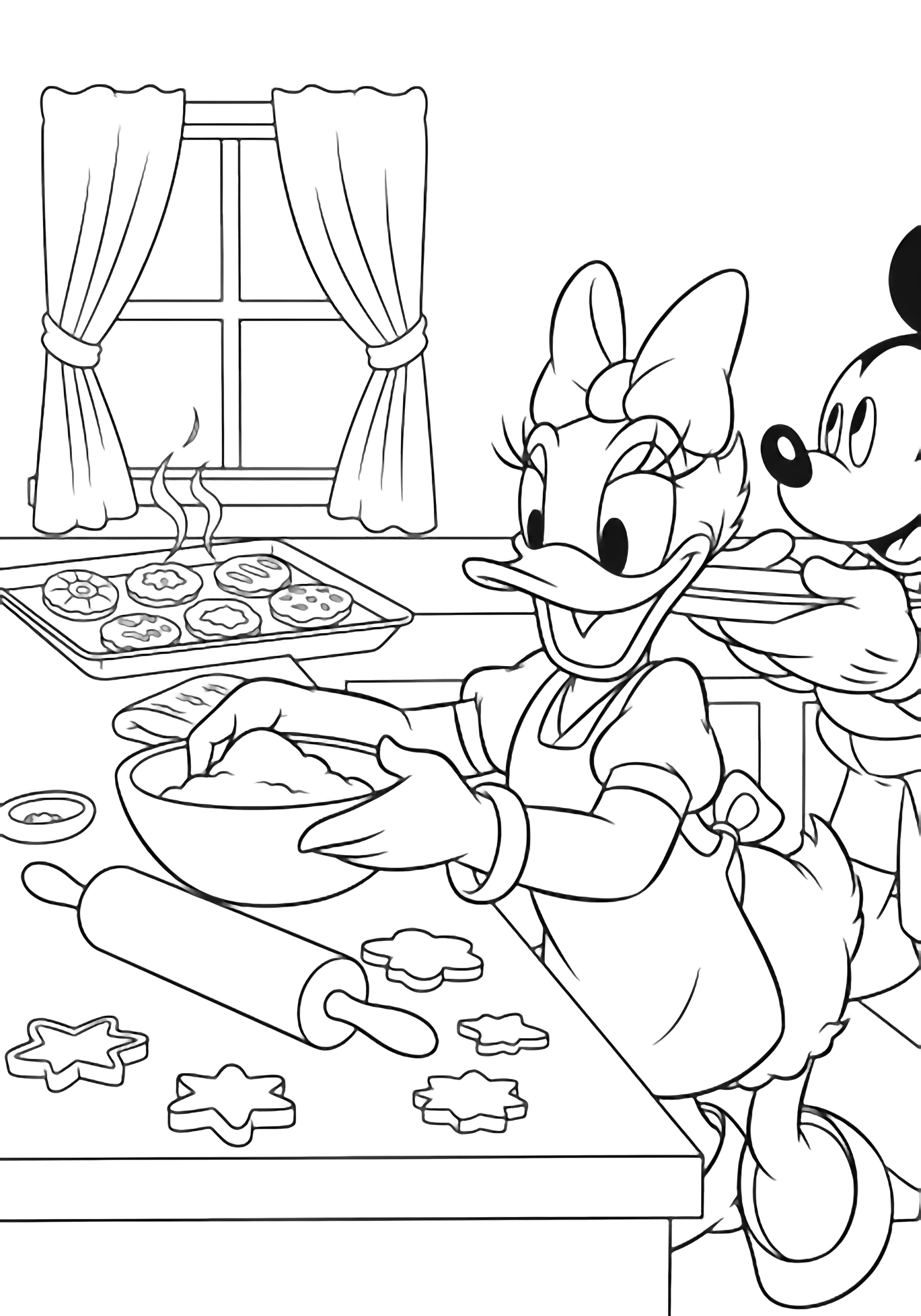 Daisy, smiling in an apron, tips a flour bowl; Mickey, gloved, holds a tray beside her. Counter with rolling pin, cookie shapes, steaming tray, curtained window. kleurplaat