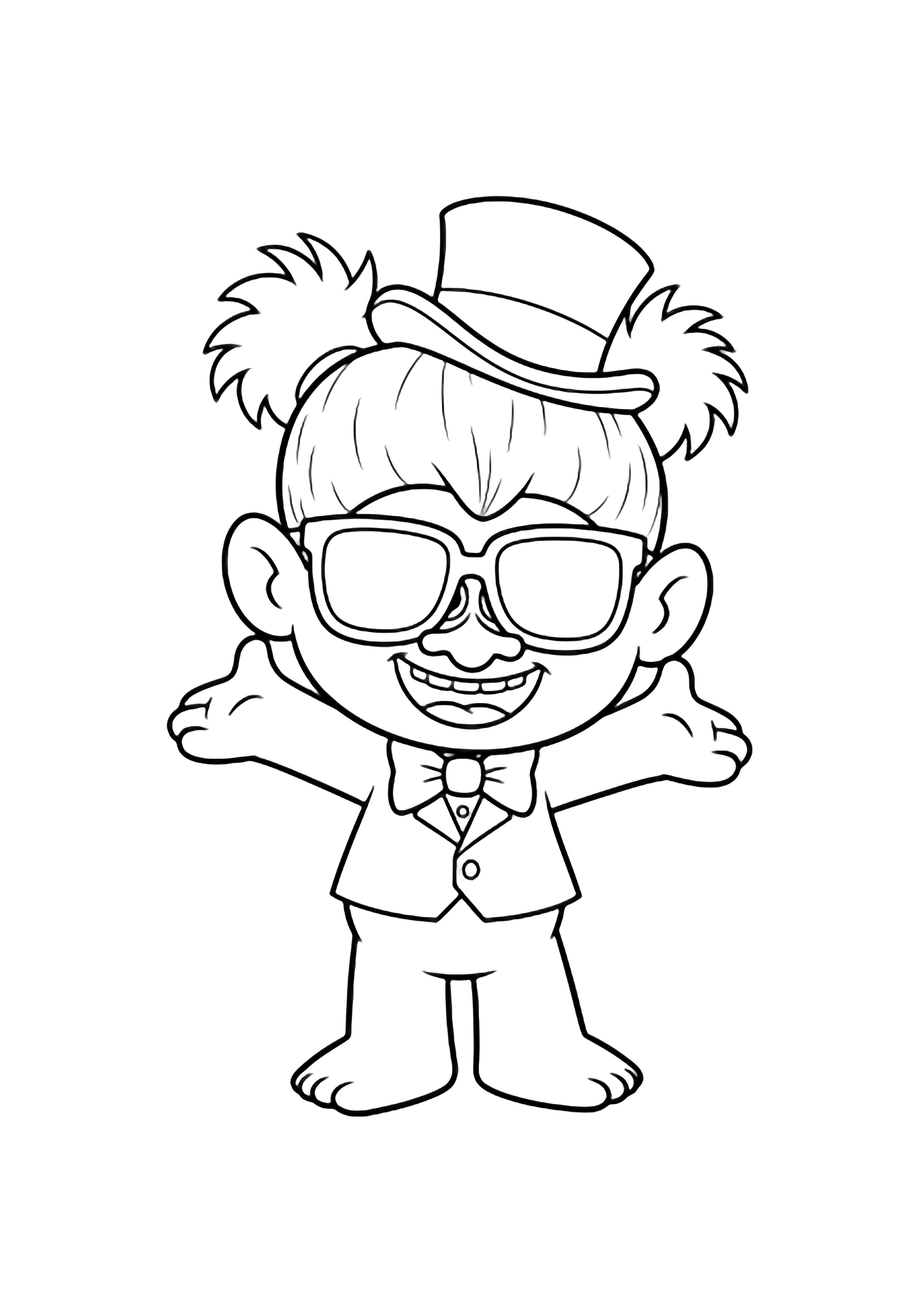 Tiny Diamond, a miniature glittery hip-hop troll, stands arms wide, huge smile, tilted top hat, bow tie, shades, hair poofs. kleurplaat
