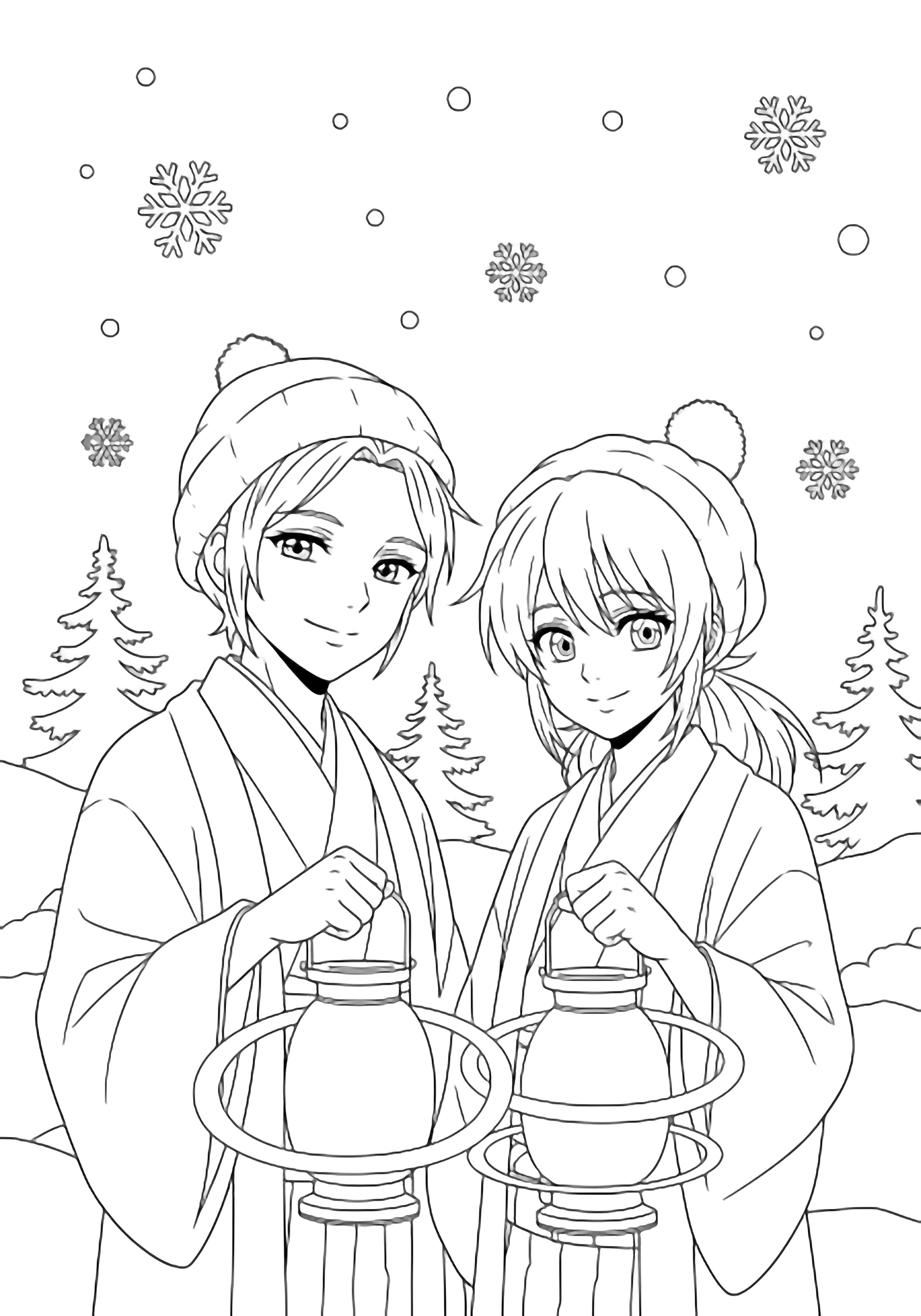 Shinobu and Giyu stand together smiling amid drifting snowflakes, each holding a lantern, with simple pine silhouettes behind them. kleurplaat