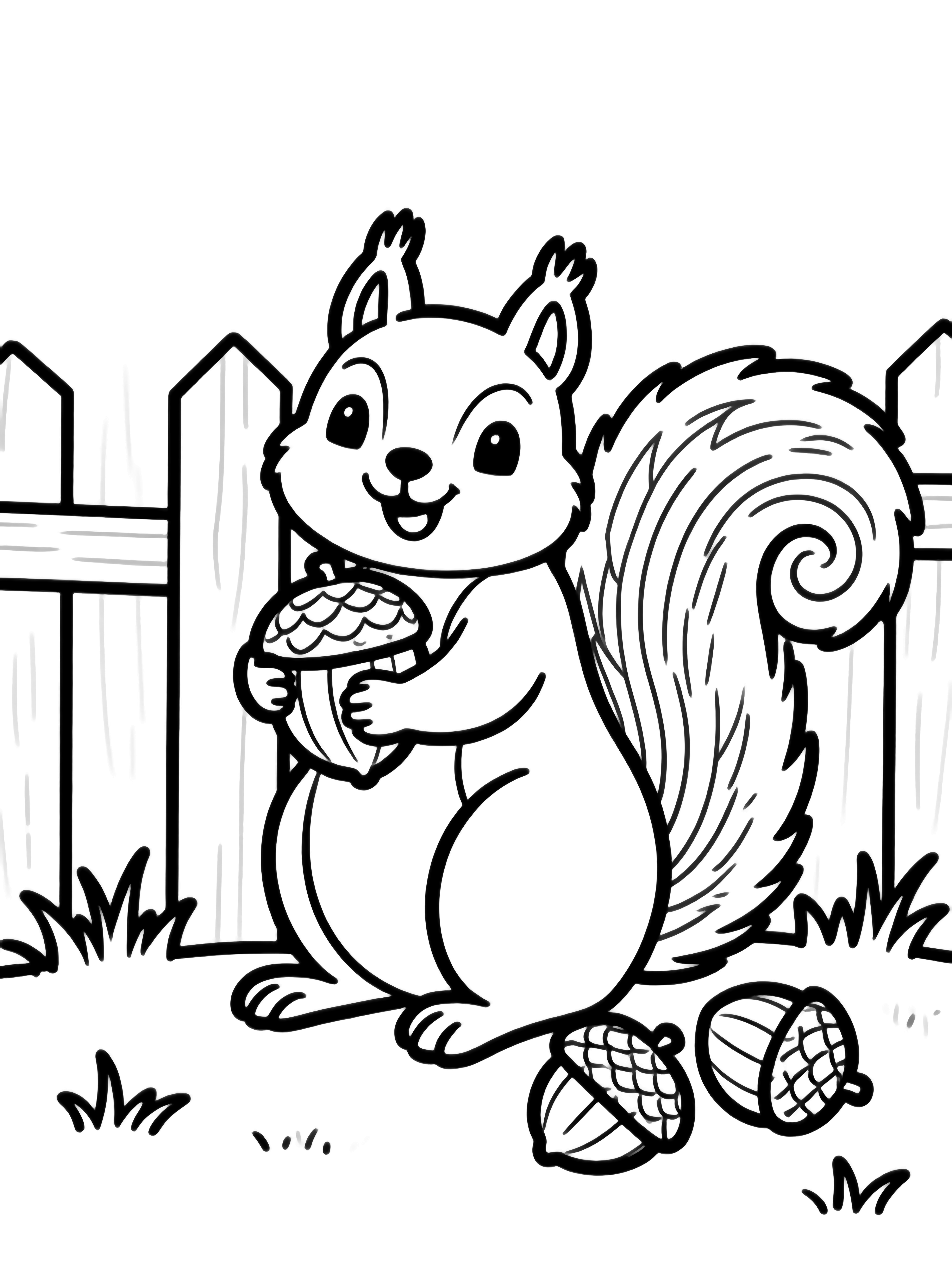 A happy squirrel hugs a big acorn while three more lie by its paws, sitting near a wooden fence with tufts of grass. kleurplaat