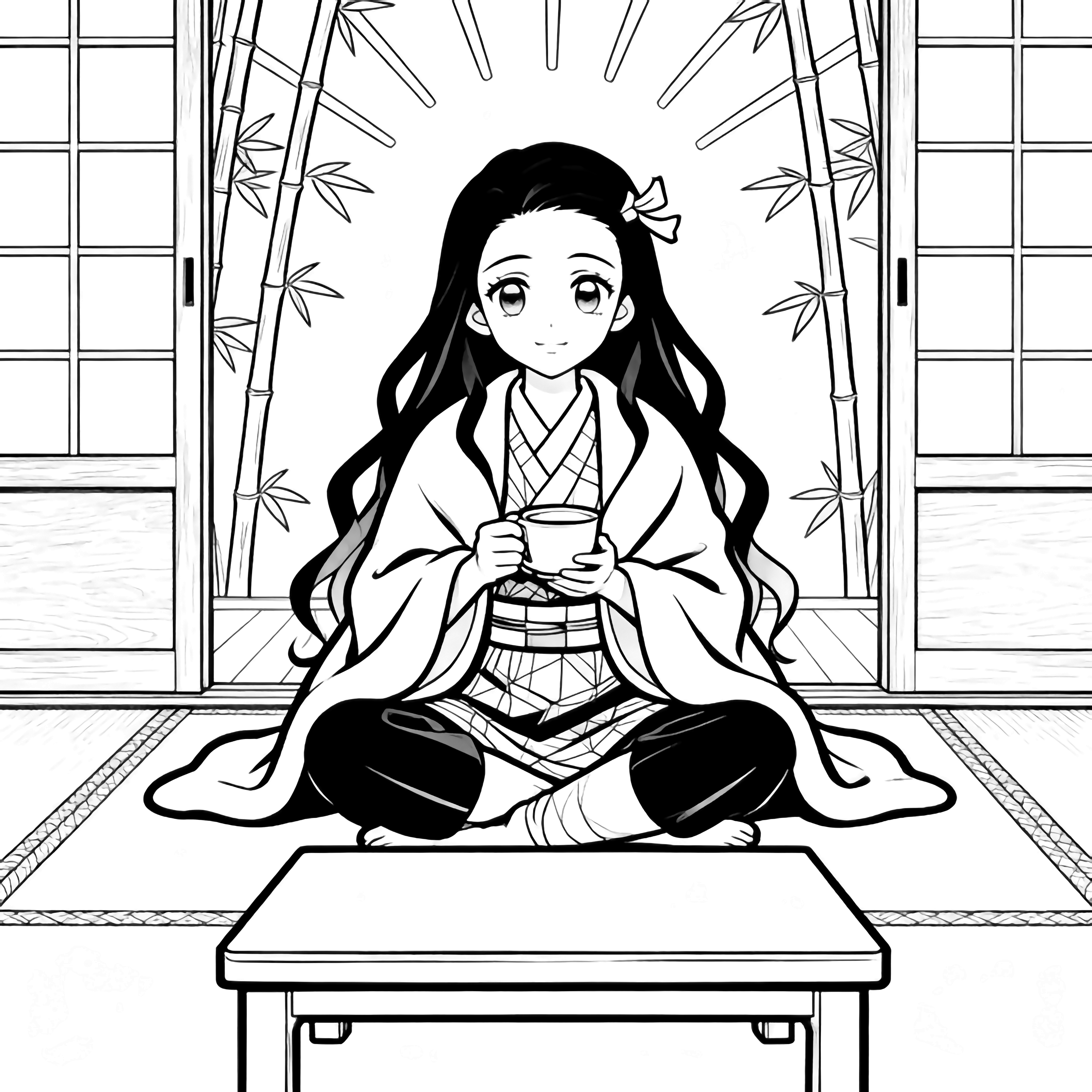 Nezuko sits cross-legged on a tatami, blanket over her shoulders, cradling a teacup; a kotatsu stands before her, bamboo-screen doors behind, gentle sunbeams radiating. kleurplaat
