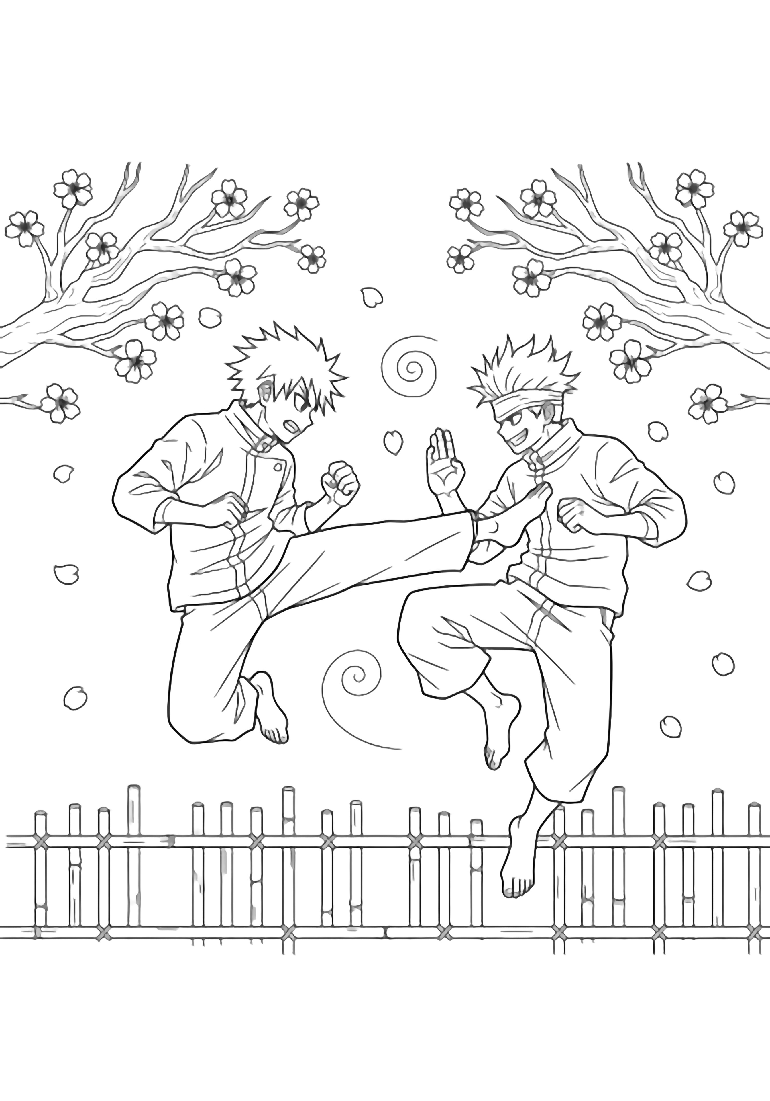 Yuji and Gojo spar mid-air beneath two cherry trees; petals swirl, bamboo fence behind. kleurplaat