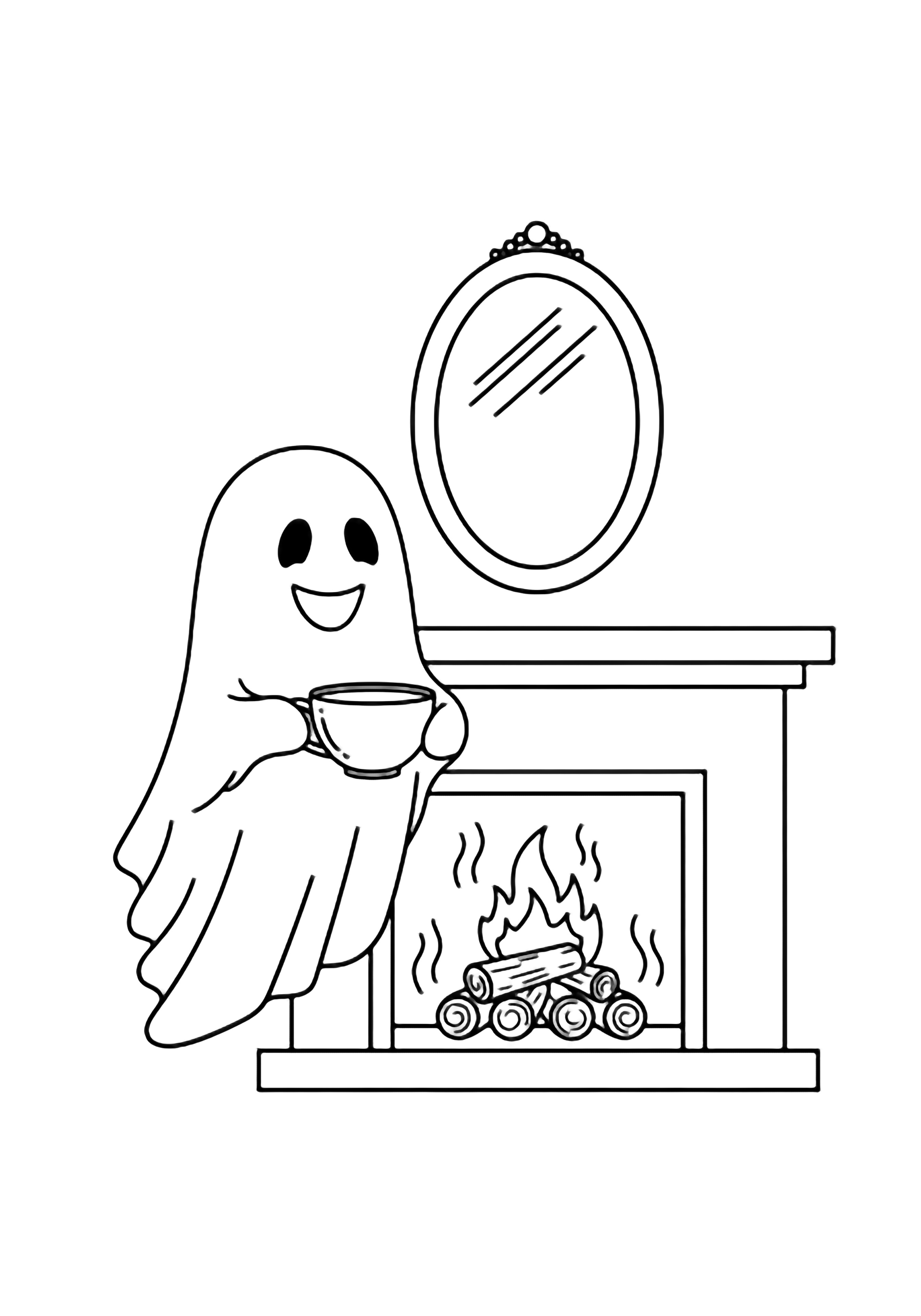 A cheerful ghost floats beside a fireplace, clutching a teacup; stacked logs burn below, an oval mirror hangs above, and gentle motion lines drift through the cozy room. kleurplaat