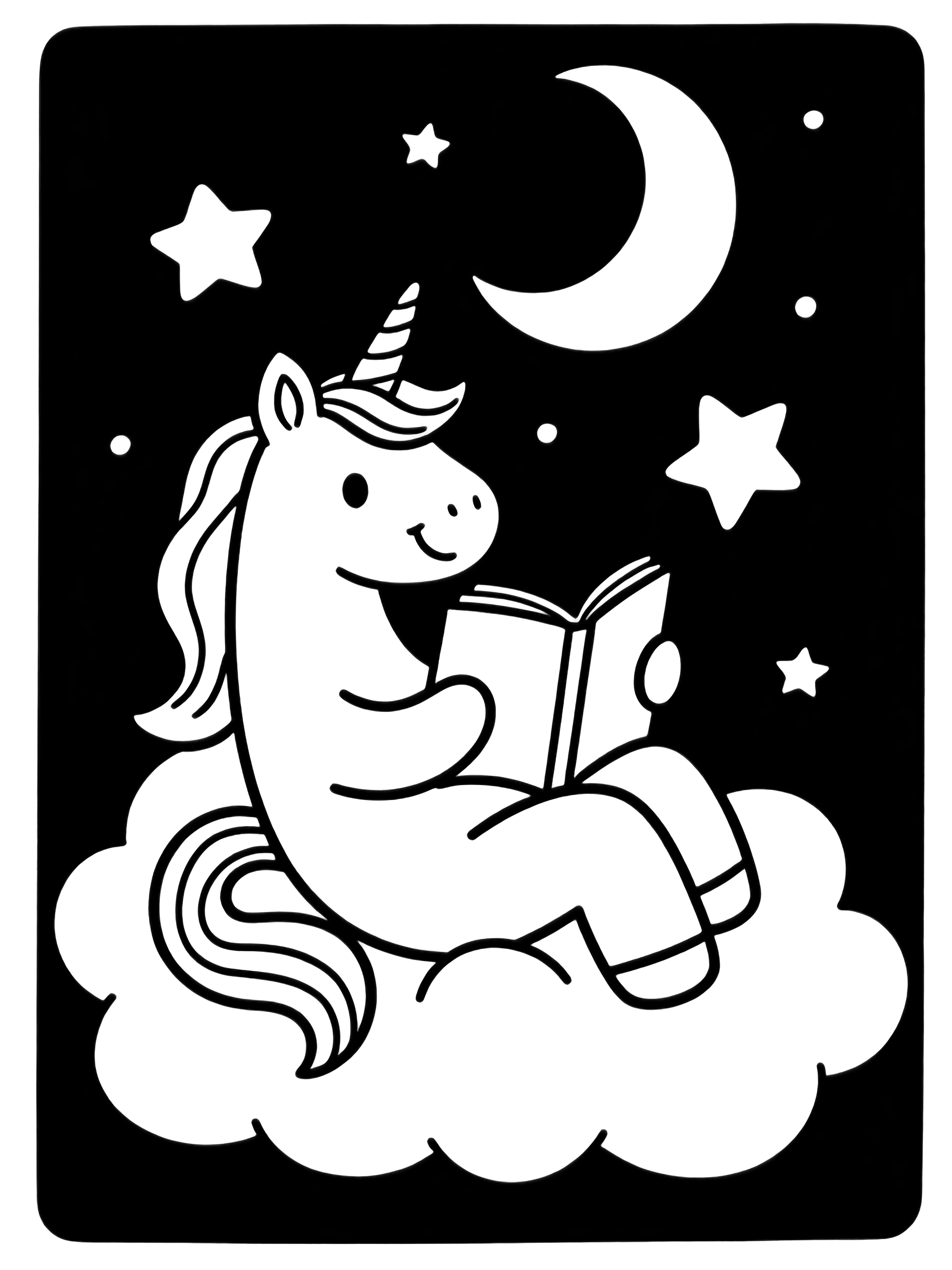 A smiling unicorn reclines on puffy clouds, legs tucked, tail curled, reading a tiny open book; big stars and a crescent moon float nearby. kleurplaat