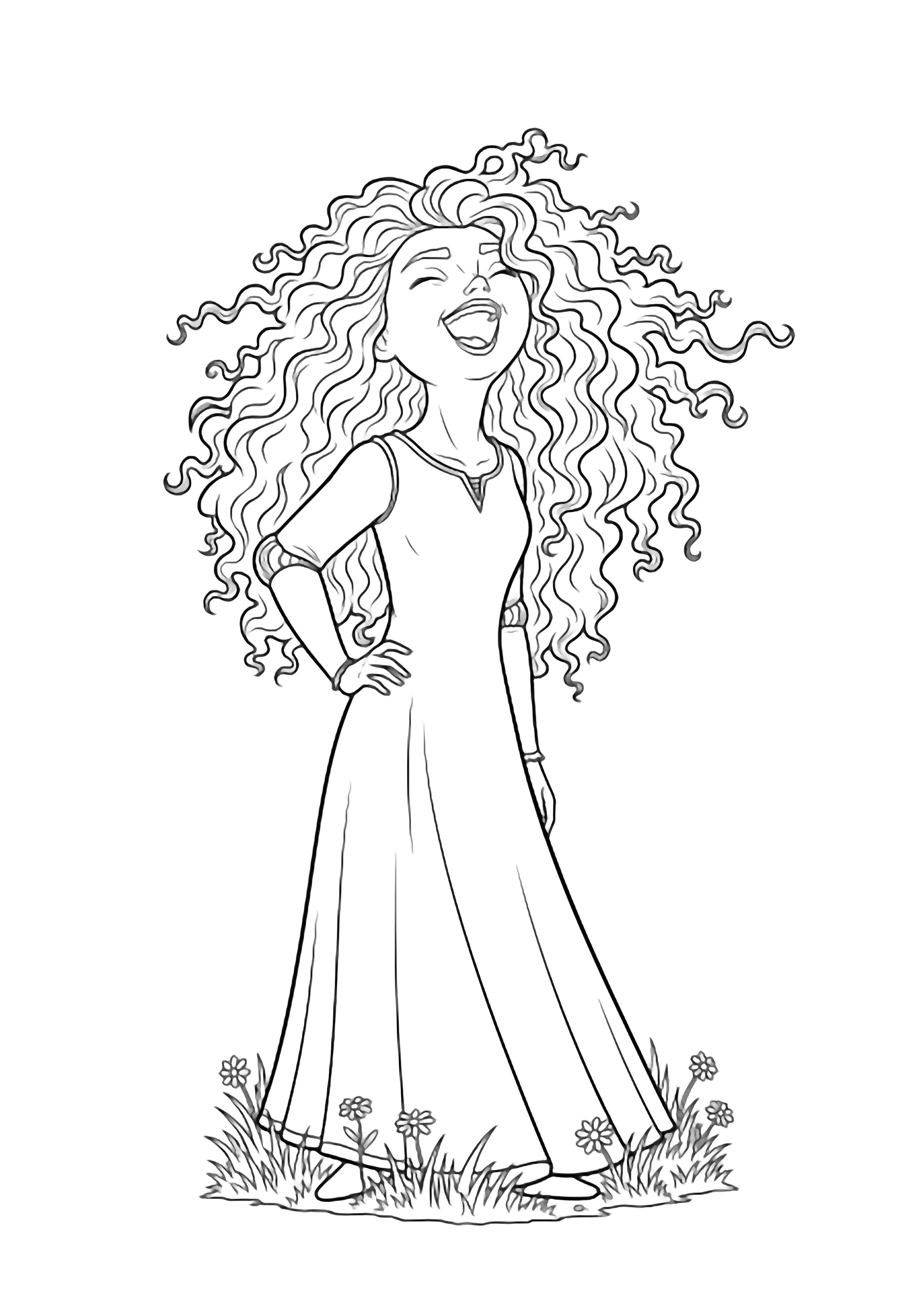 Merida laughing, hand on hip, hair flowing, simple dress, grass and daisies at her feet. kleurplaat