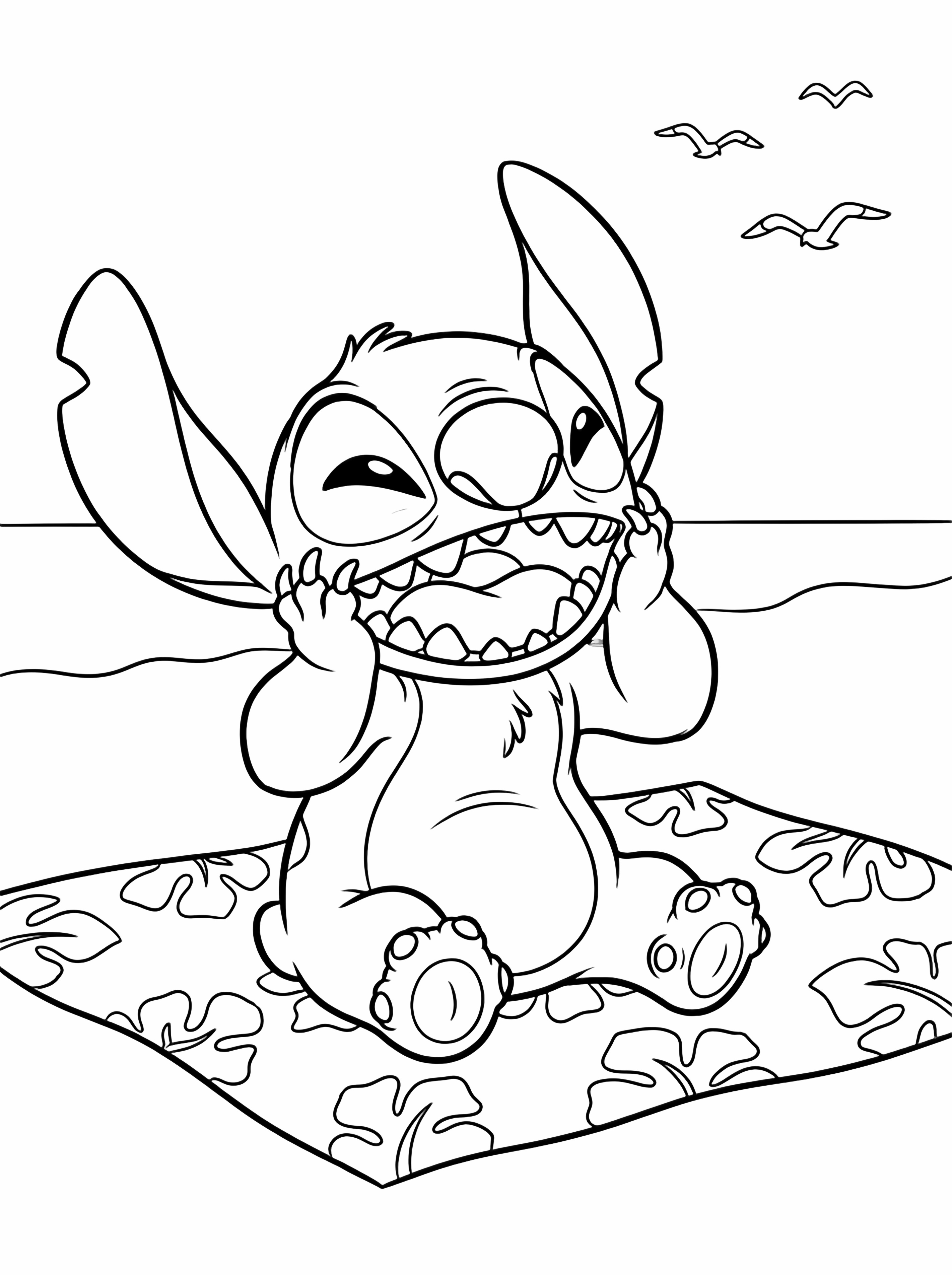 Stitch lacht met wijd open mond, klapt met zijn handen op zijn wangen, zijn oren omhoog, liggend op een stranddeken met drie kleine vogeltjes erboven. kleurplaat