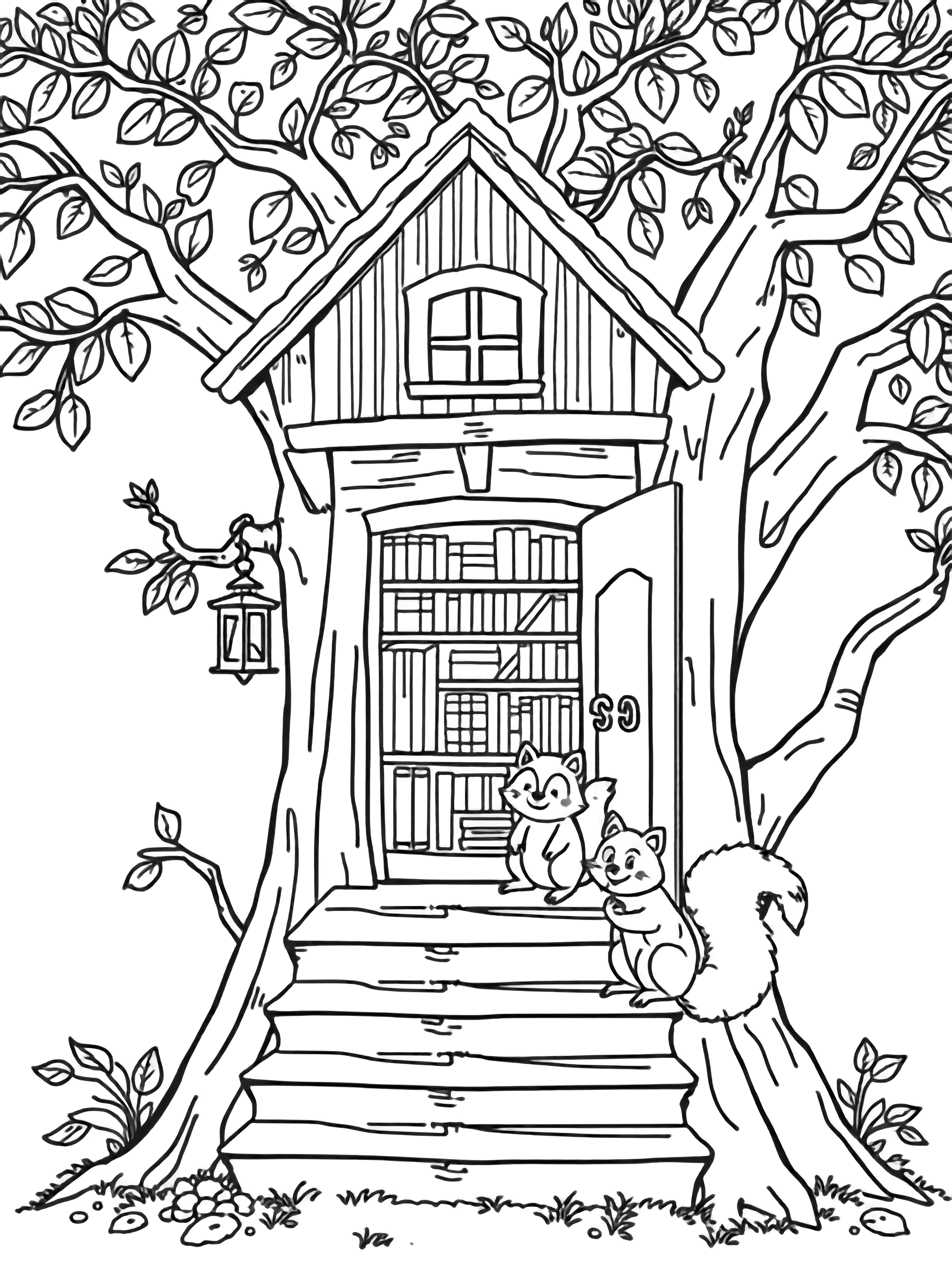 A treehouse in leafy branches, open door revealing stacked books and hanging lanterns; a smiling raccoon and squirrel sit on wide plank steps. kleurplaat