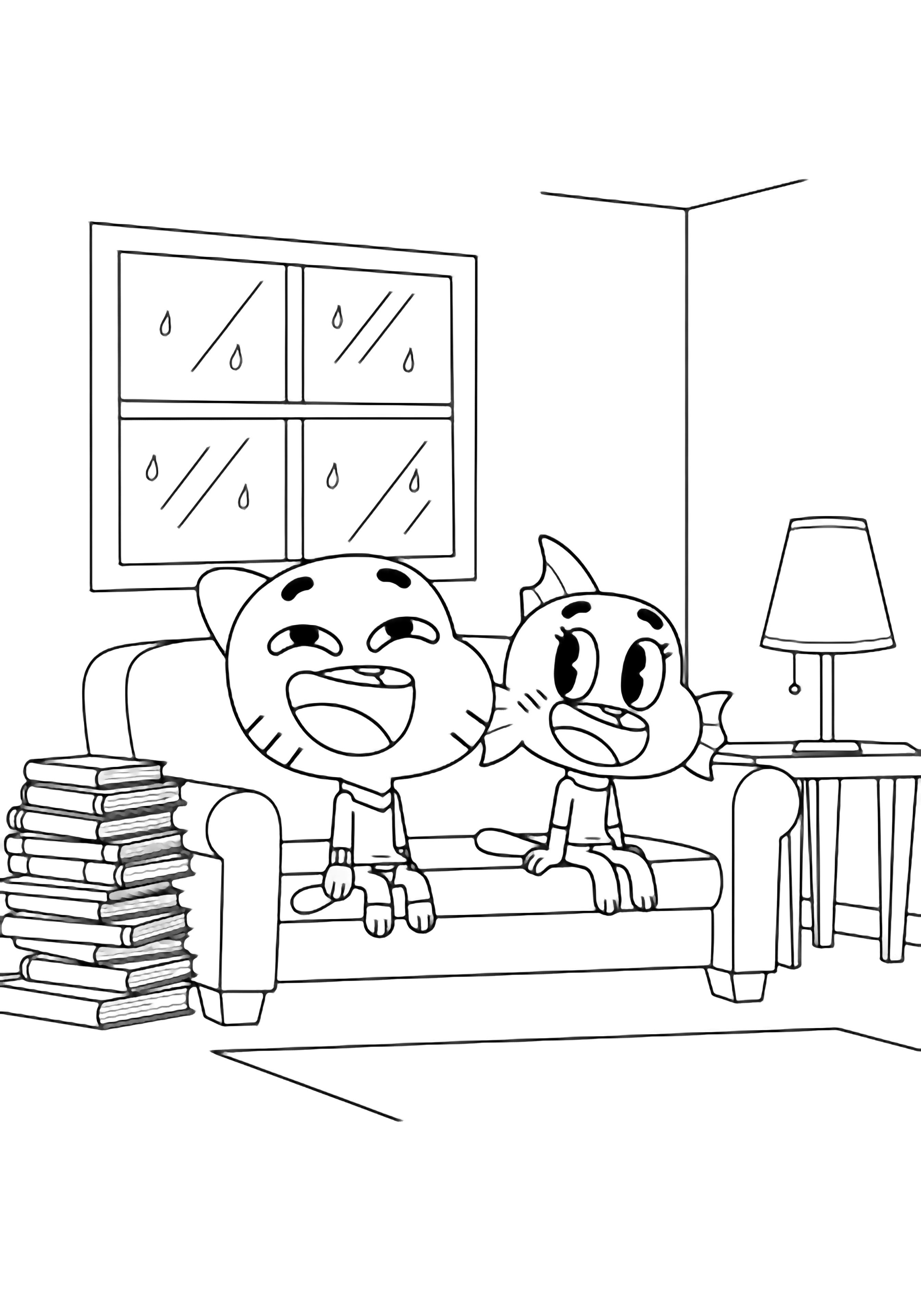 Gumball and Darwin smiling on a sofa, stacked books beside them, rain on window, small lamp table, minimal room. kleurplaat