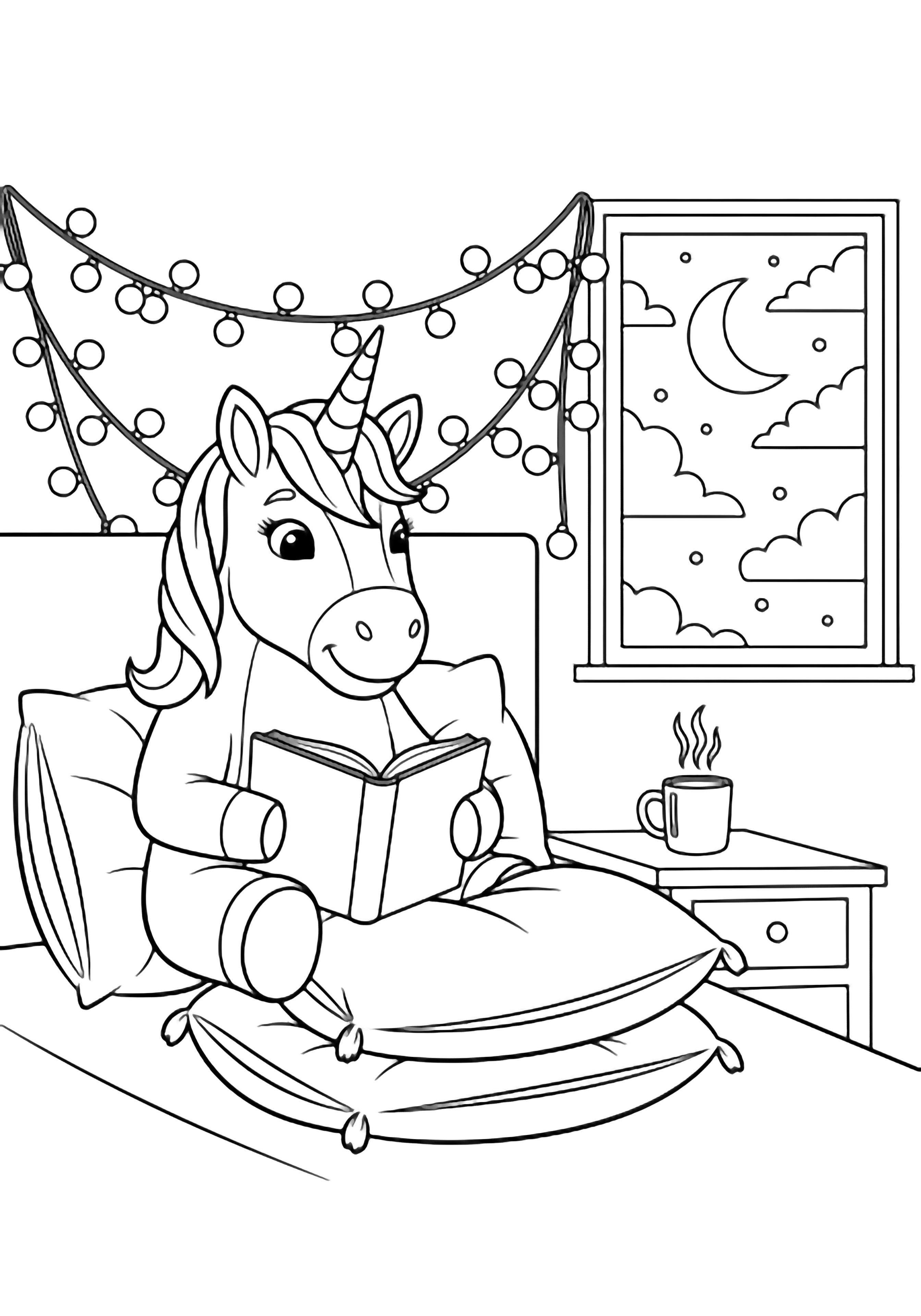 A smiling unicorn reclines on pillows reading a book, fairy lights looped above, a steaming mug on the nightstand, moon and clouds outside the window. kleurplaat