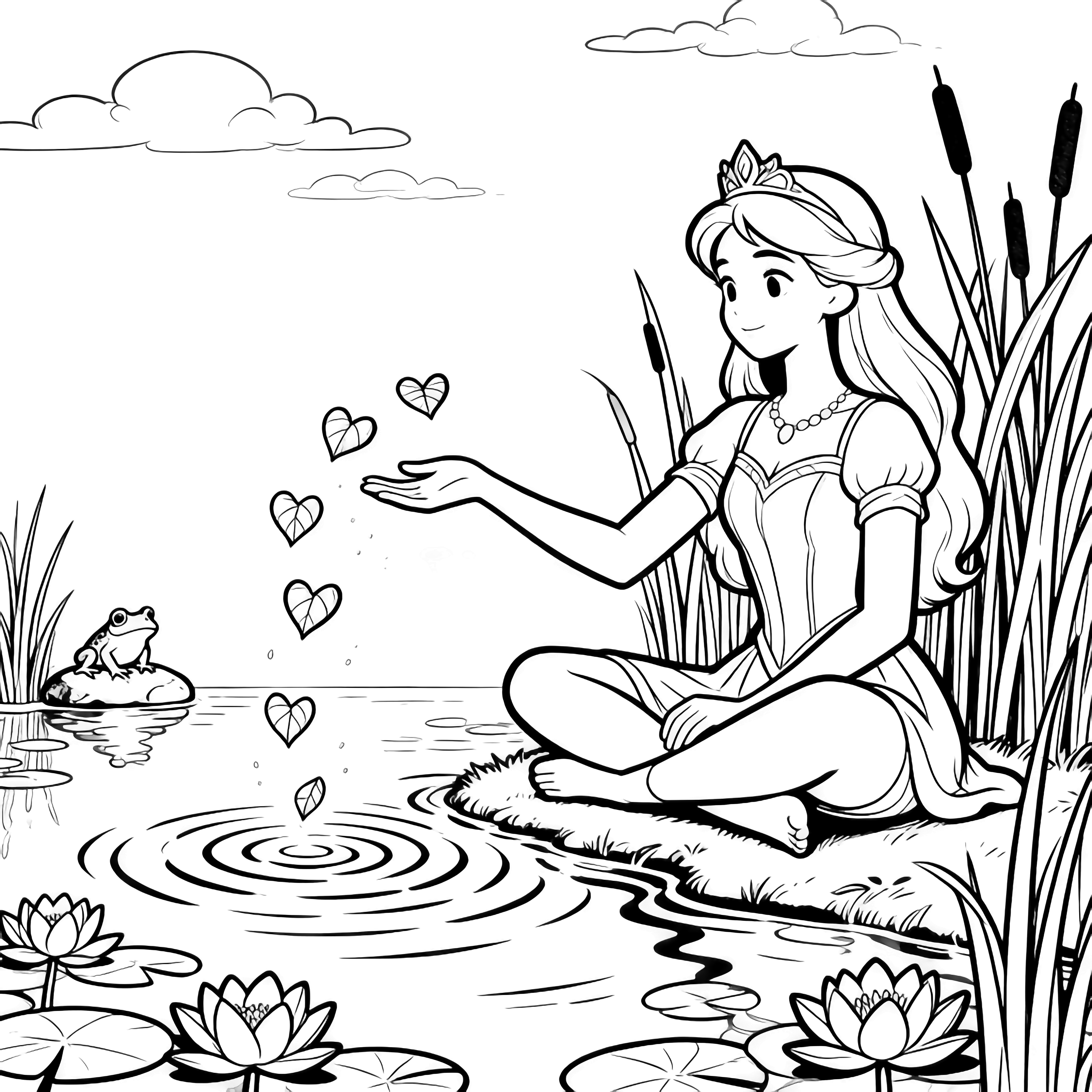 Splash Queen sits cross-legged by a pond, tossing heart-shaped leaves; ripples spread, lilies drift, reeds frame her, a tiny frog watches from a stone, calm clouds above. kleurplaat