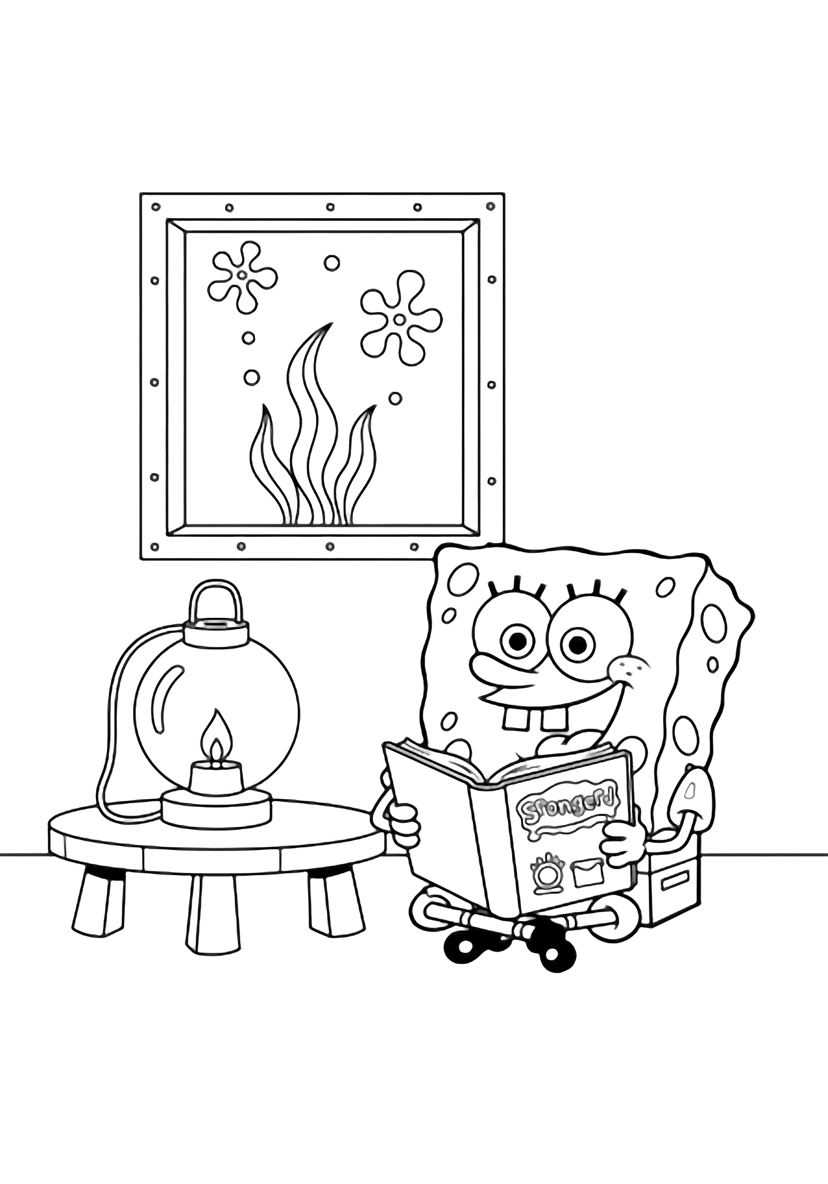 SpongeBob sits cross-legged beside a lantern on a table, holding an open cookbook while seaweed drifts past a square window behind him. kleurplaat