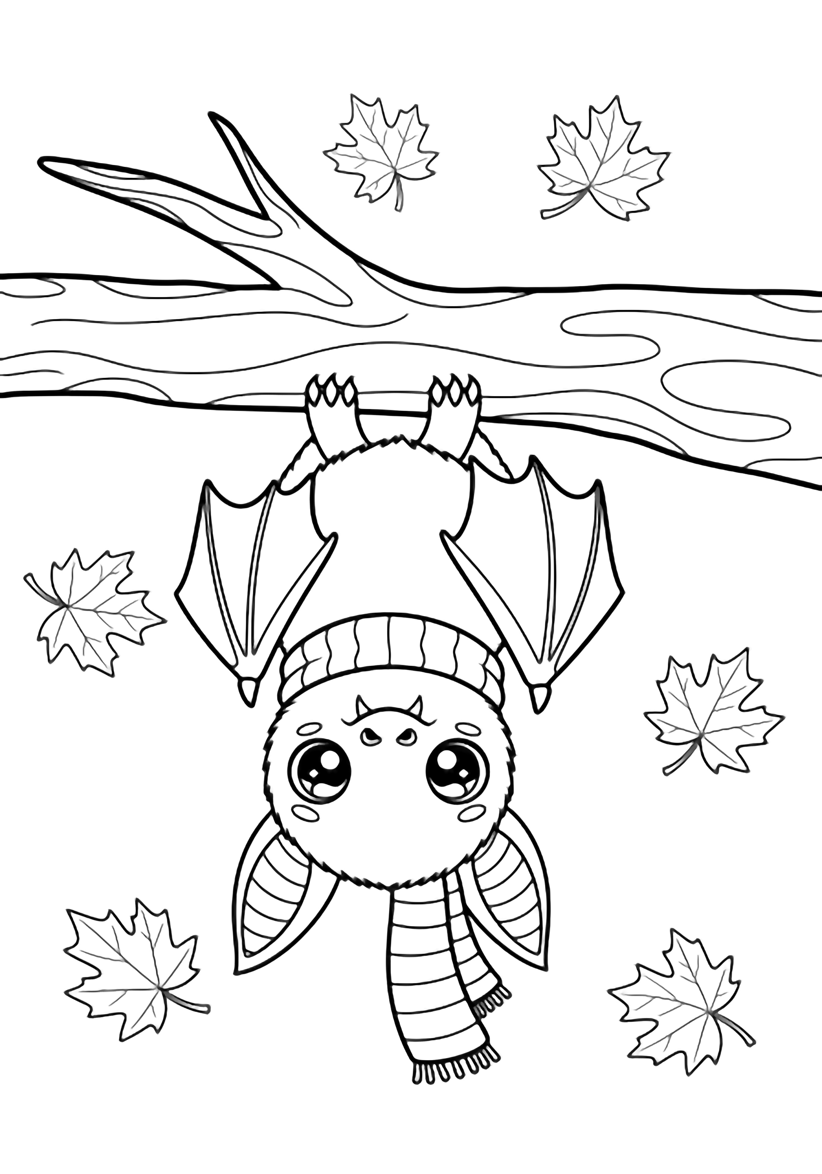 A cheerful kawaii bat with big eyes, tiny fangs, and a striped scarf hangs upside-down from a branch while five maple leaves drift around. kleurplaat