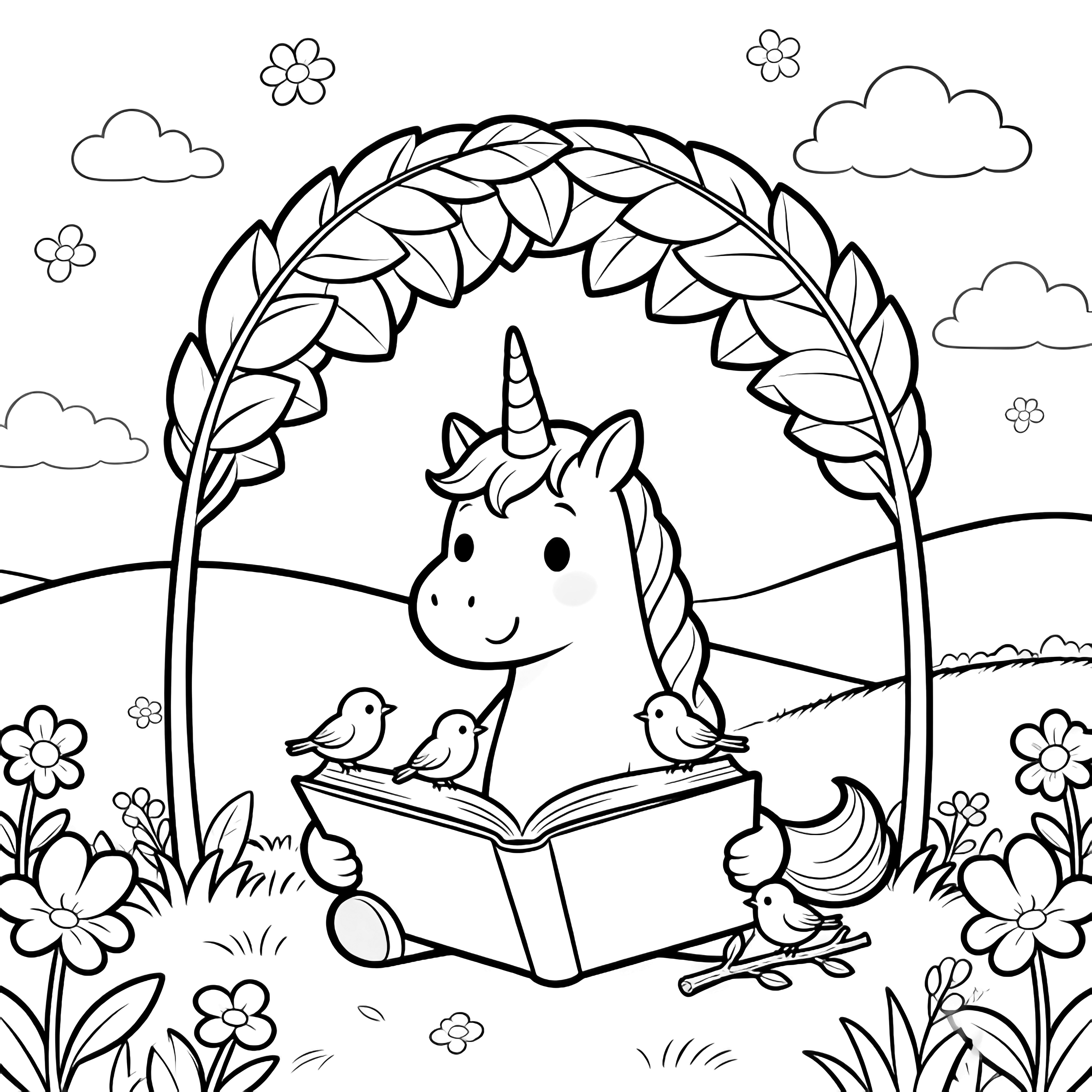 A smiling unicorn sits beneath a leafy arch, reading an open book while three tiny birds perch on the pages and twigs, surrounded by flowers, clouds, and rolling hills. kleurplaat
