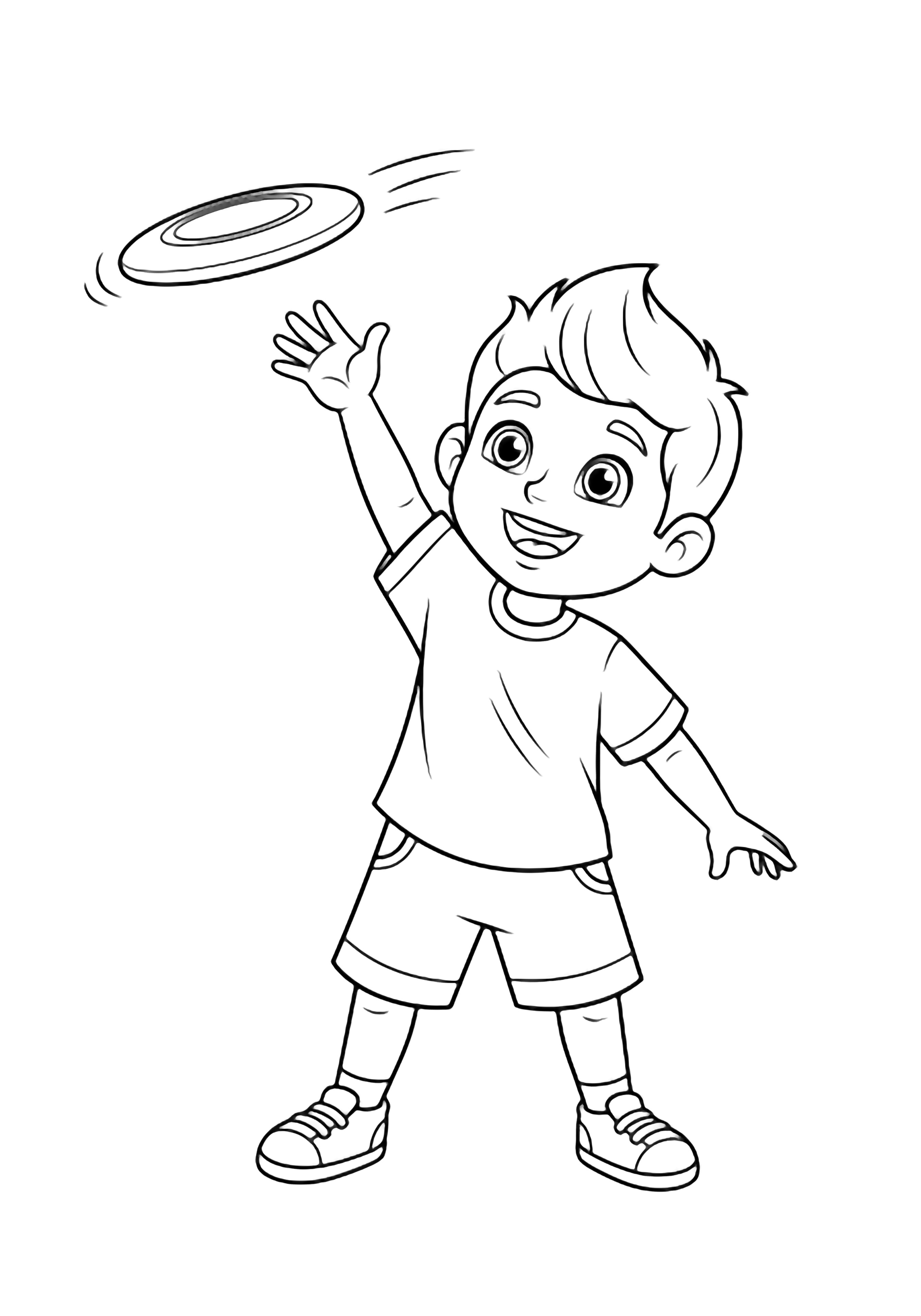 A cheerful child with spiky hair, wearing a tee, shorts and sneakers, joyfully hurls a round frisbee into the air. kleurplaat