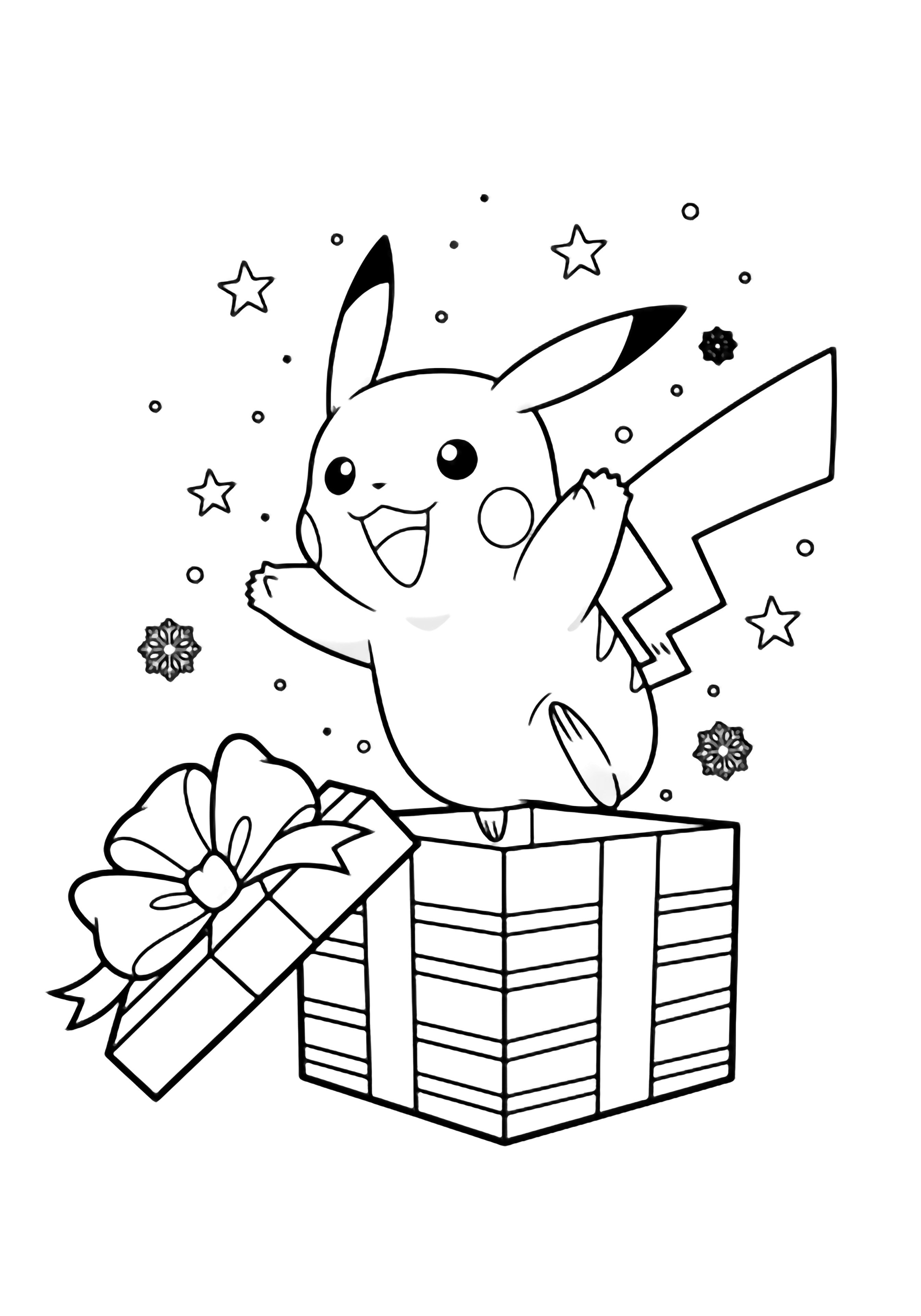 Pikachu joyfully leaps from an open gift box, tiny stars and snowflakes drifting around. kleurplaat