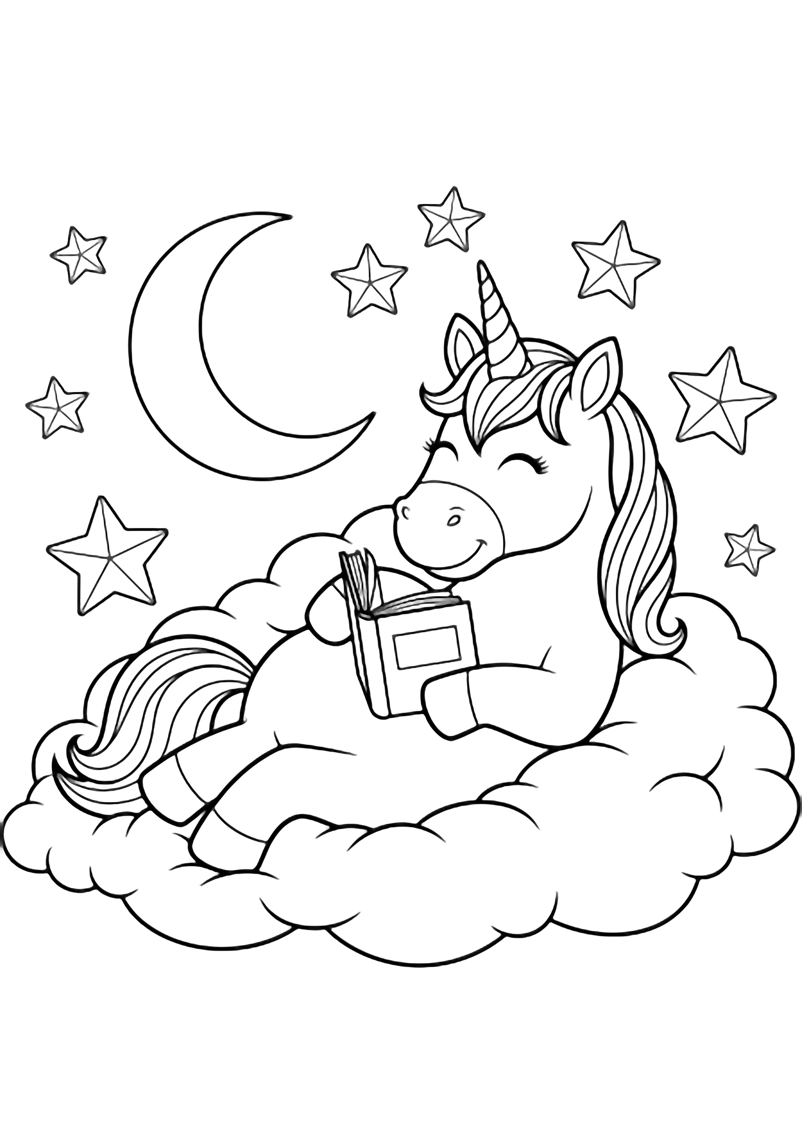 A smiling unicorn reclines on puffy clouds, legs tucked, tail curled, reading a tiny open book; big stars and a crescent moon float nearby. kleurplaat