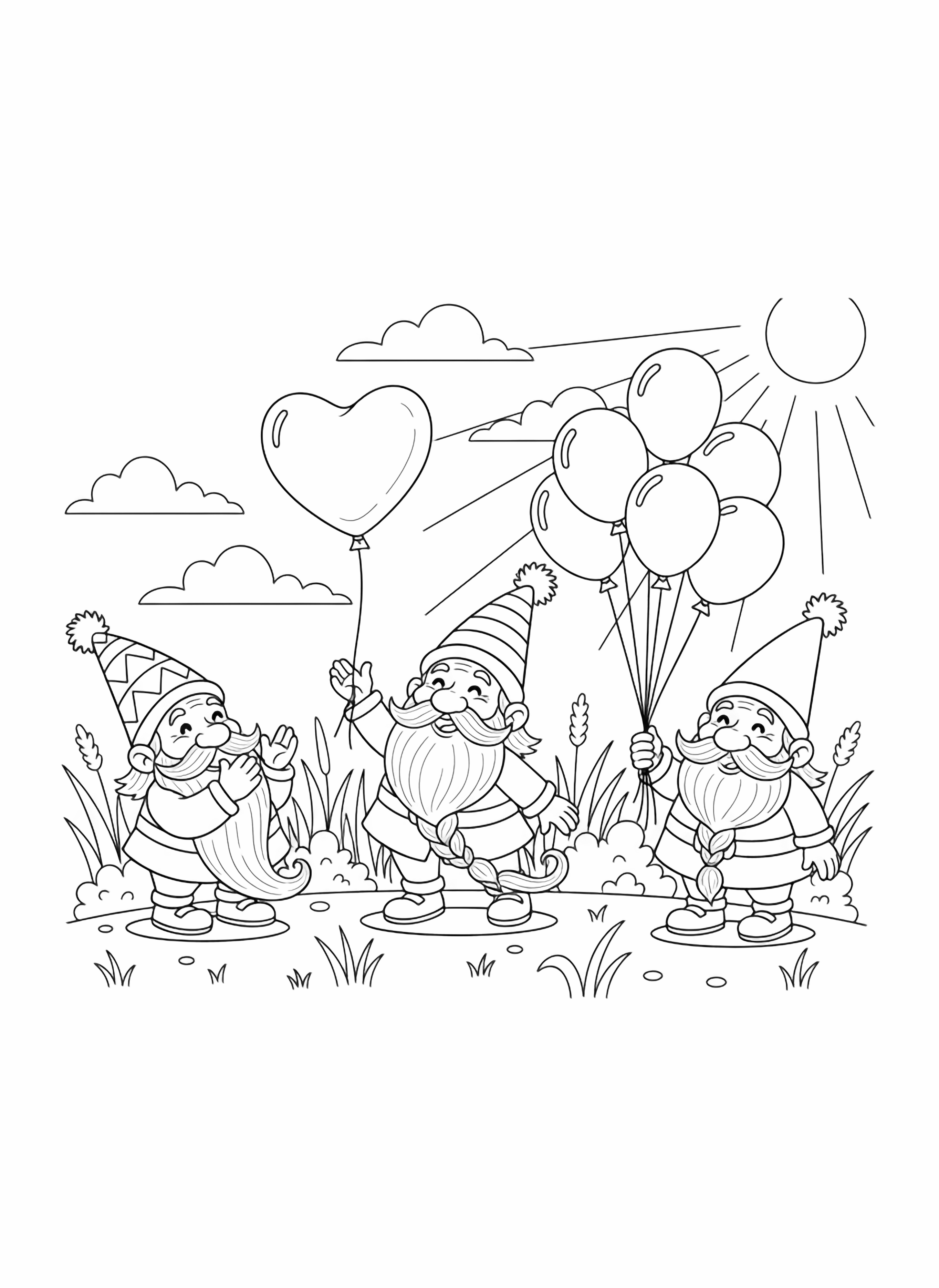 A black and white page showing three cheerful dwarves having a balloon party in a sunny meadow Each dwarf has a long braided beard and wears a pointed hat with a pom pom on top One dwarf is joyfully tossing a heart shaped balloon into the air another is holding a bunch of round balloons on clean black and white line drawing minimal shading no colour no fill kleurplaat