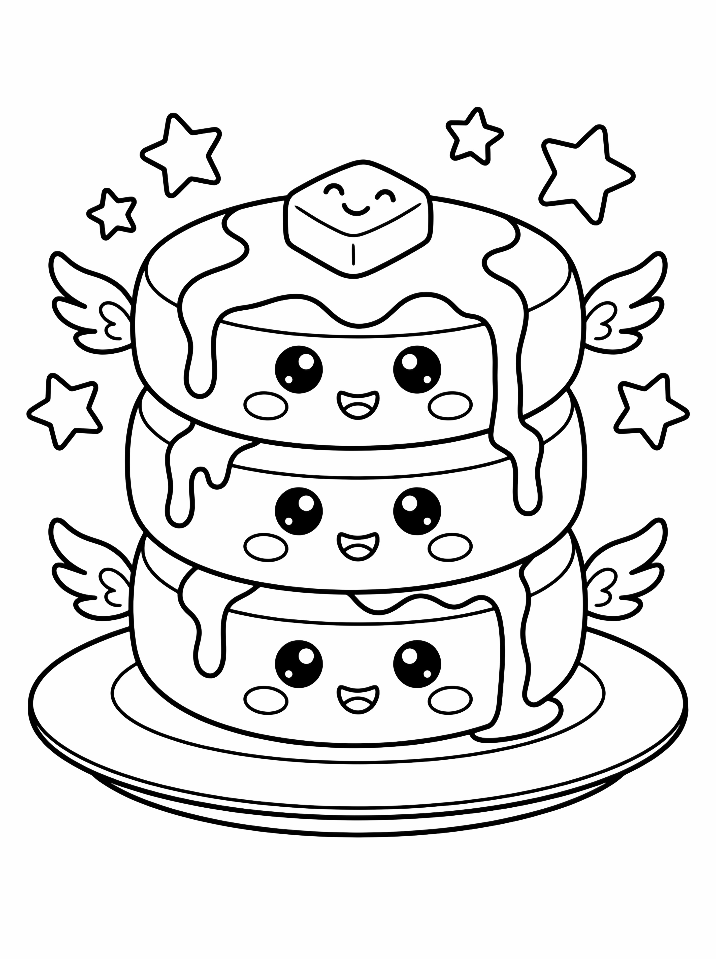 Three stacked pancakes with big happy eyes, rosy cheeks, tiny wings, syrup waves, five stars, smiling butter square on a round plate kleurplaat