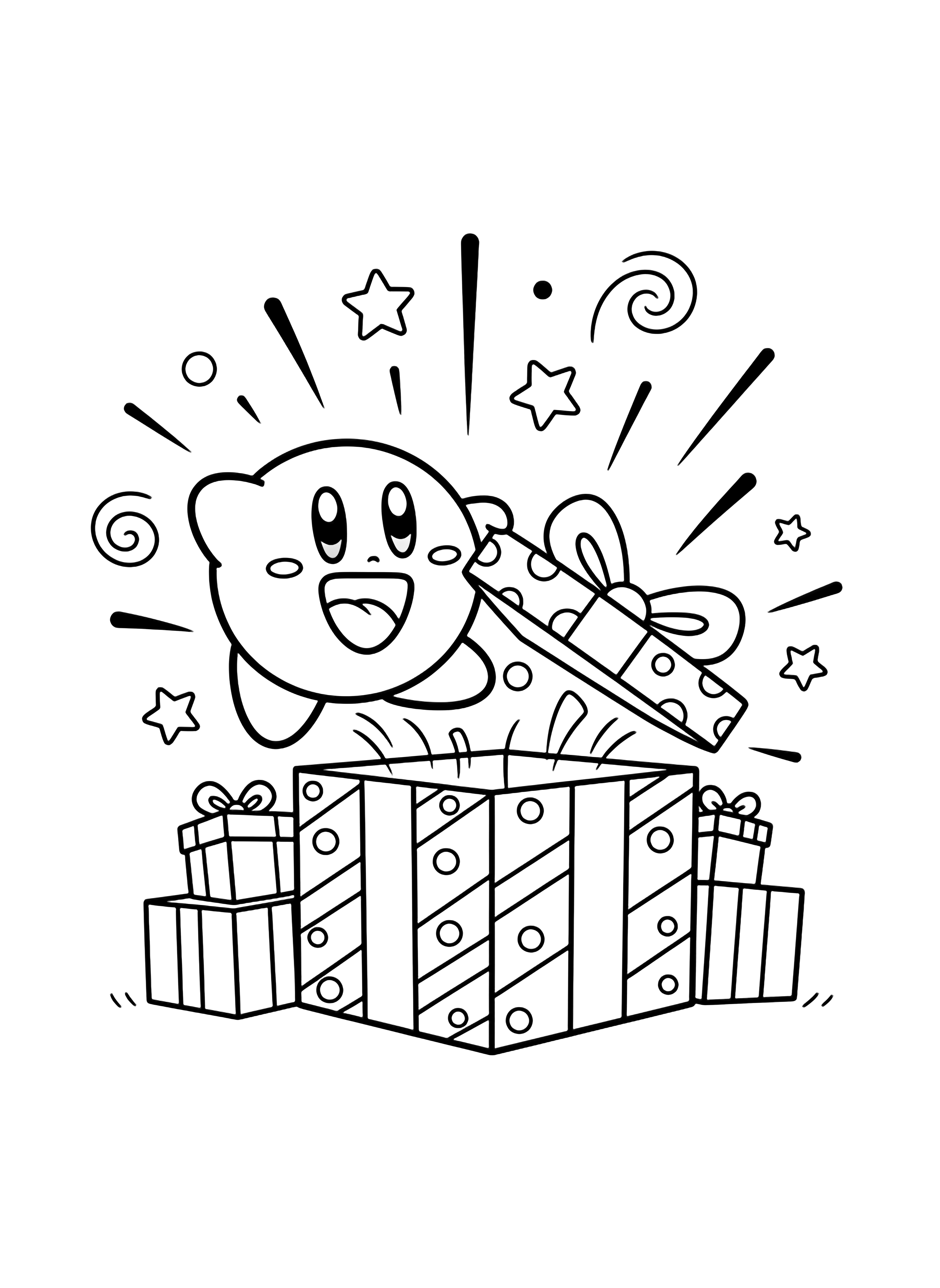 Kirby zweeft met open mond van vreugde, trekt een enorm cadeau open waarvan het deksel naar achteren klapt; eenvoudige sterren, wervels en uitbarstingslijnen schieten omhoog terwijl een paar omlijnde cadeaudoosjes op een lege ondergrond achter hem liggen. kleurplaat