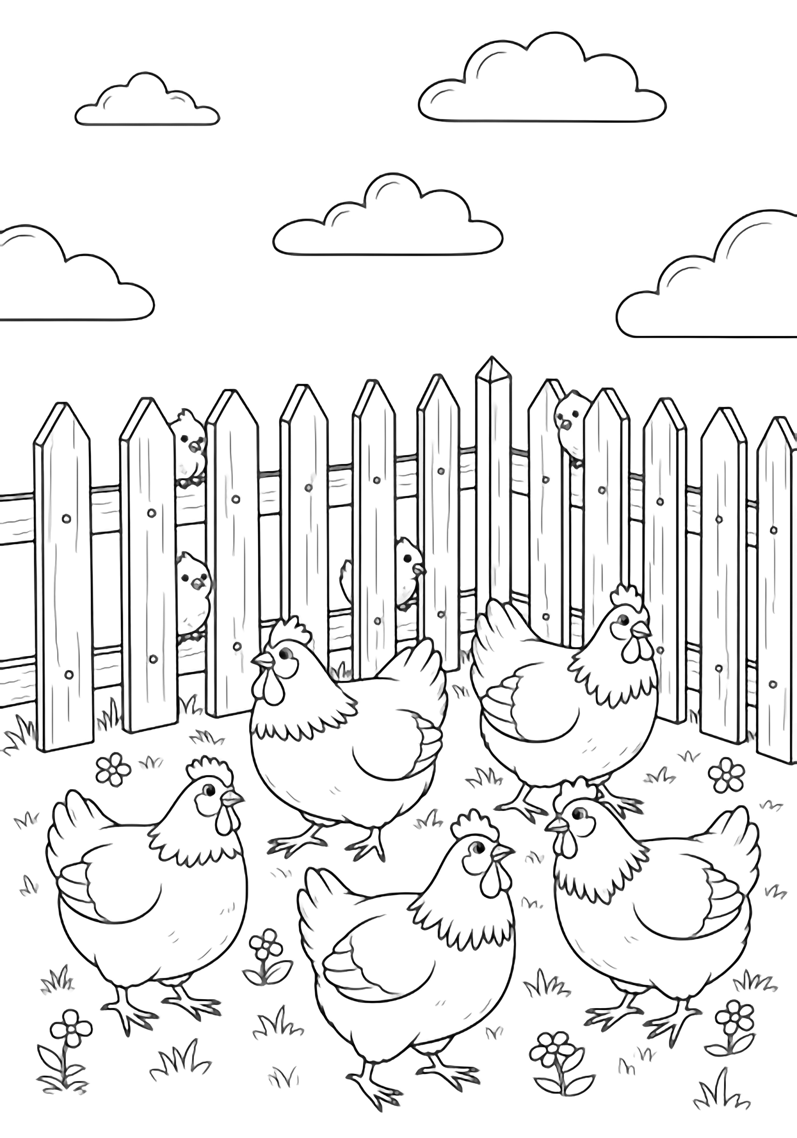Five plump chickens stroll around a picket-fence corner; tiny chicks peep between the posts, tiny flowers dot the ground, fluffy clouds float above. kleurplaat