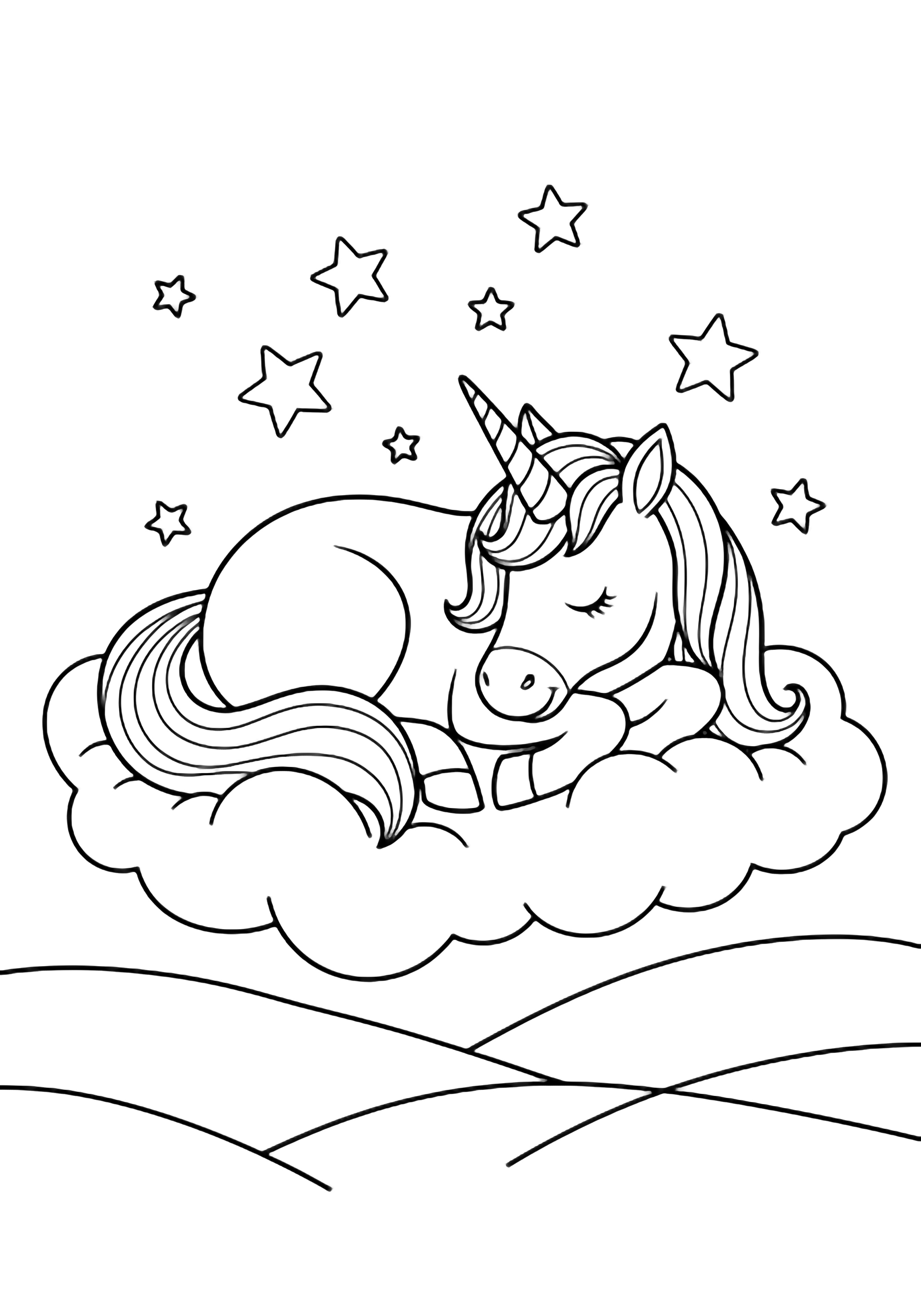 A serene unicorn curled on soft clouds, head on folded legs, with drifting stars above and gentle hills below. kleurplaat