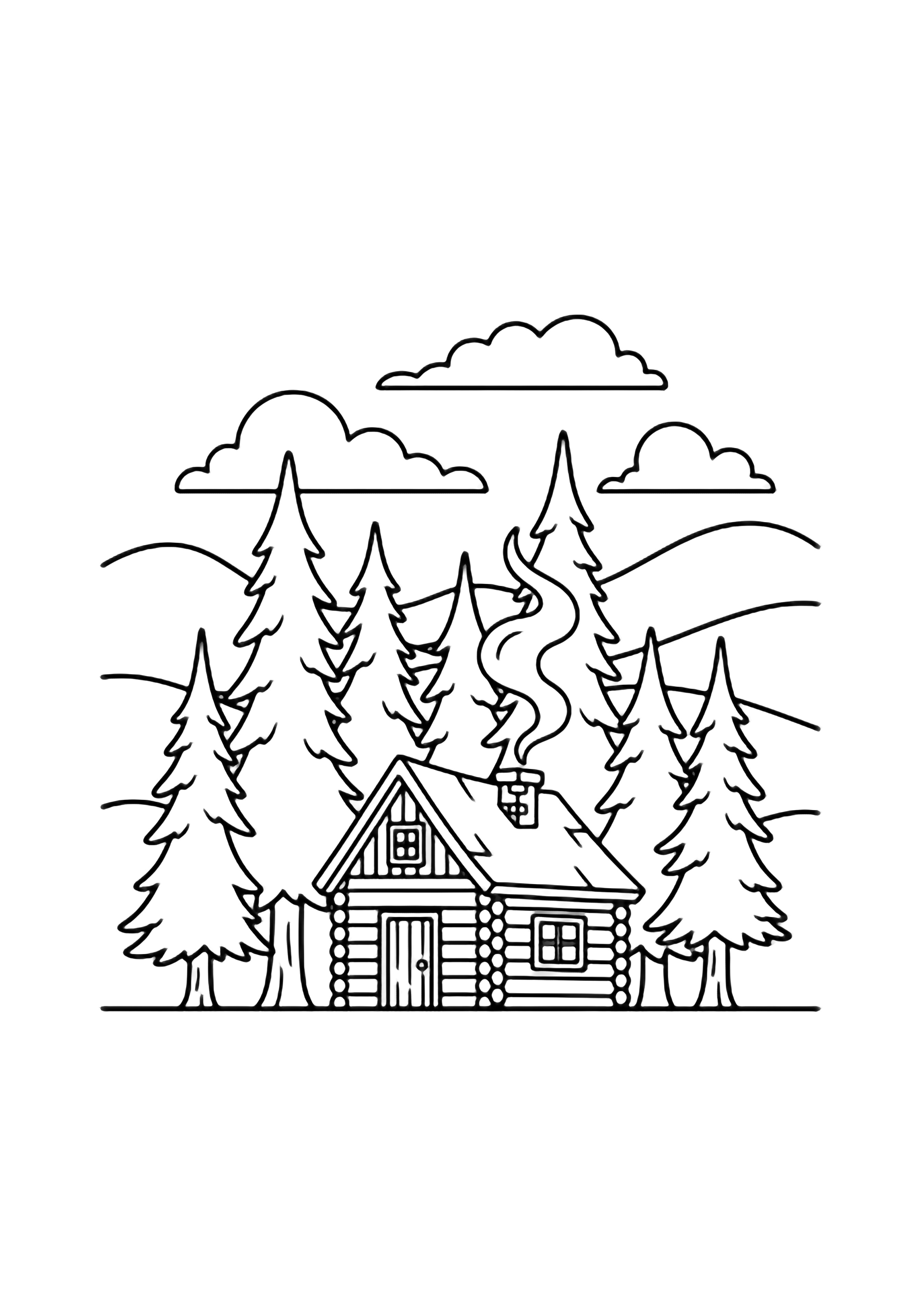 A tiny log cabin with a tilted chimney sits among tall pines, rounded hills and drifting clouds surrounding it. kleurplaat