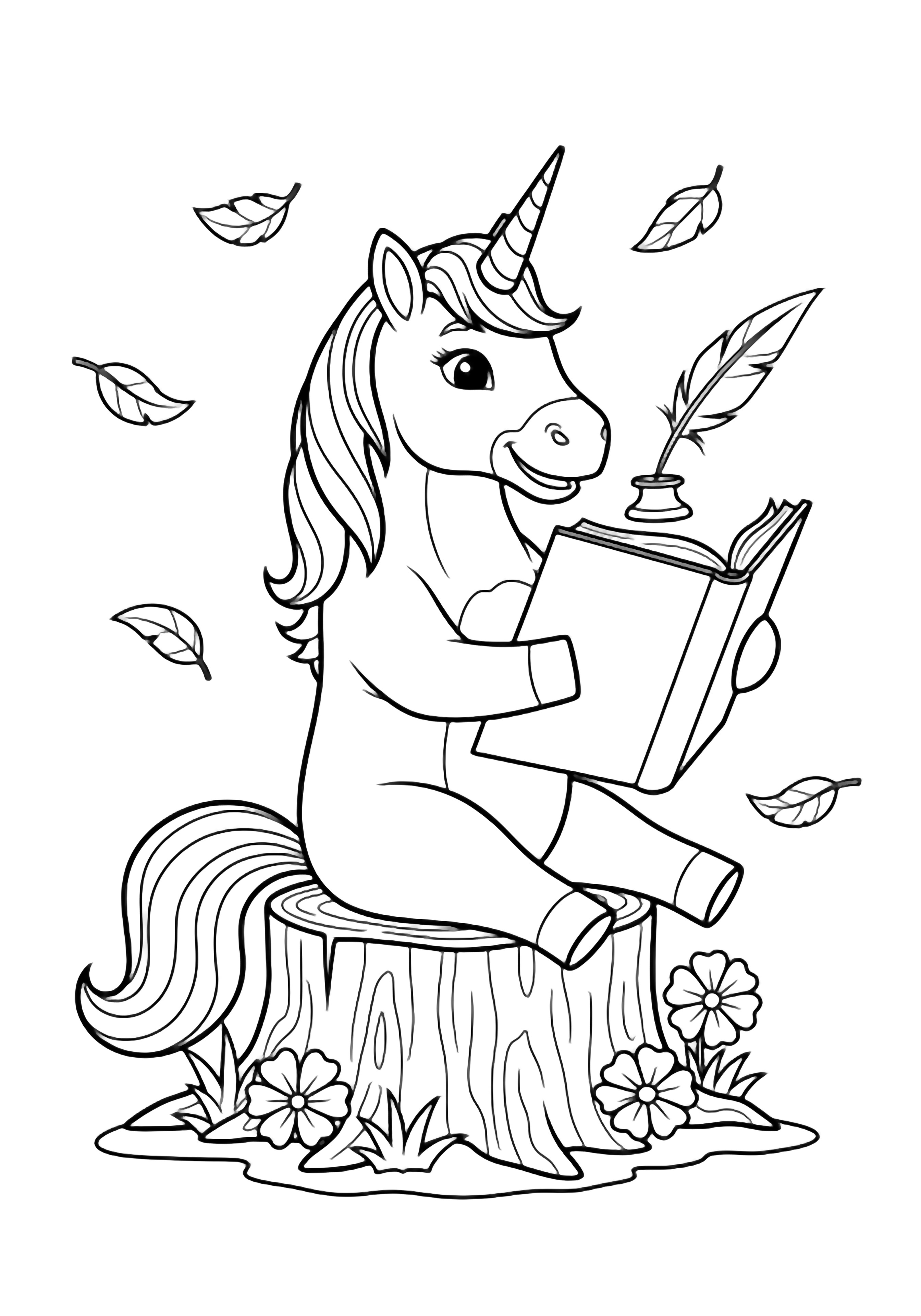 A smiling unicorn sits by a stump, tail curling, holding an open book; a quill hovers near its horn amid simple flowers and drifting leaves. kleurplaat